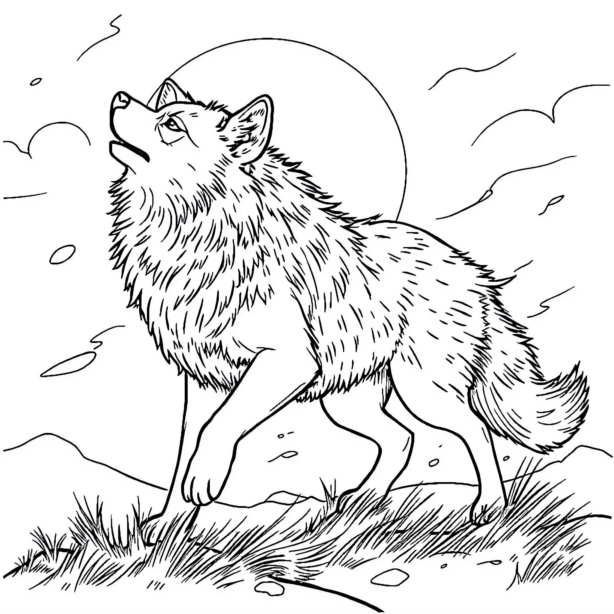 Loup howling under the moon Coloring Page (free black-and-white line drawing printable PDF for all, from beginners to advanced learners, including children, teens, adults, and seniors)