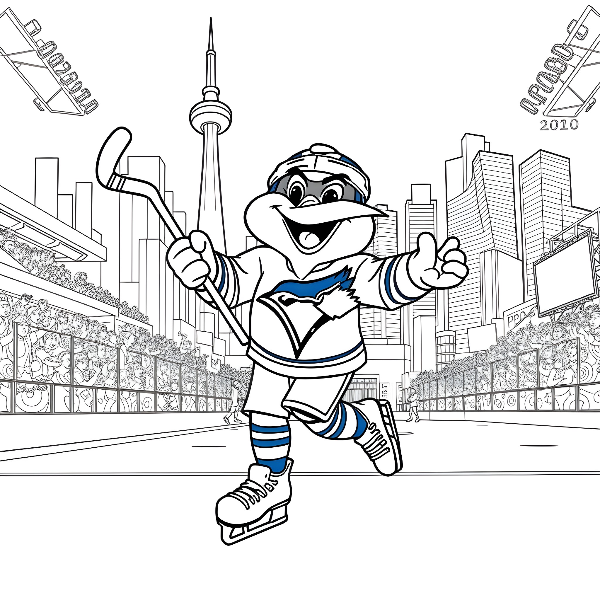 Blue Jay Hockey Player Celebrating in City Coloring Page (free black-and-white line drawing printable PDF for all, from beginners to advanced learners, including children, teens, adults, and seniors)