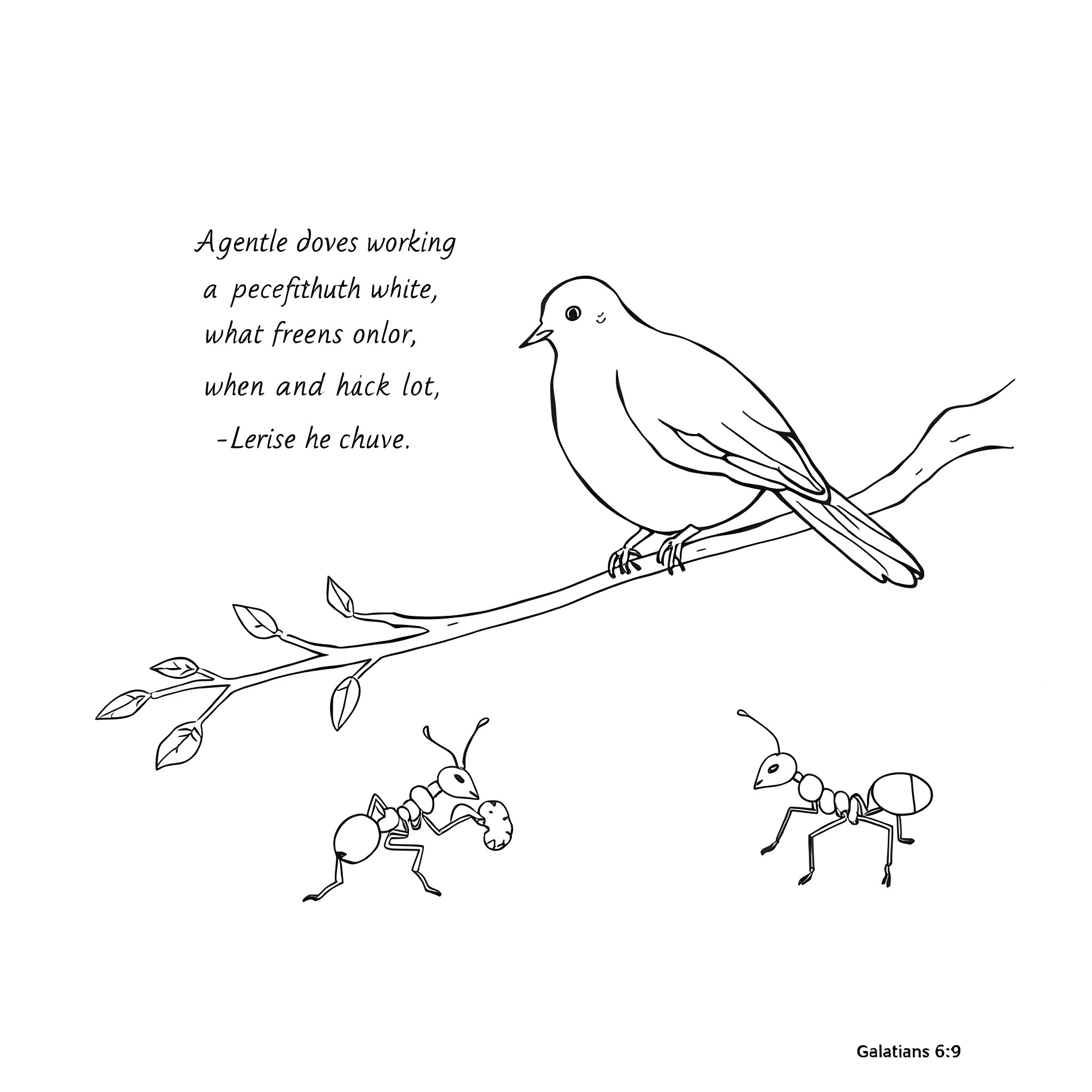 Ant diligently working with a gentle dove Coloring Page (free black-and-white line drawing printable PDF for all, from beginners to advanced learners, including children, teens, adults, and seniors)