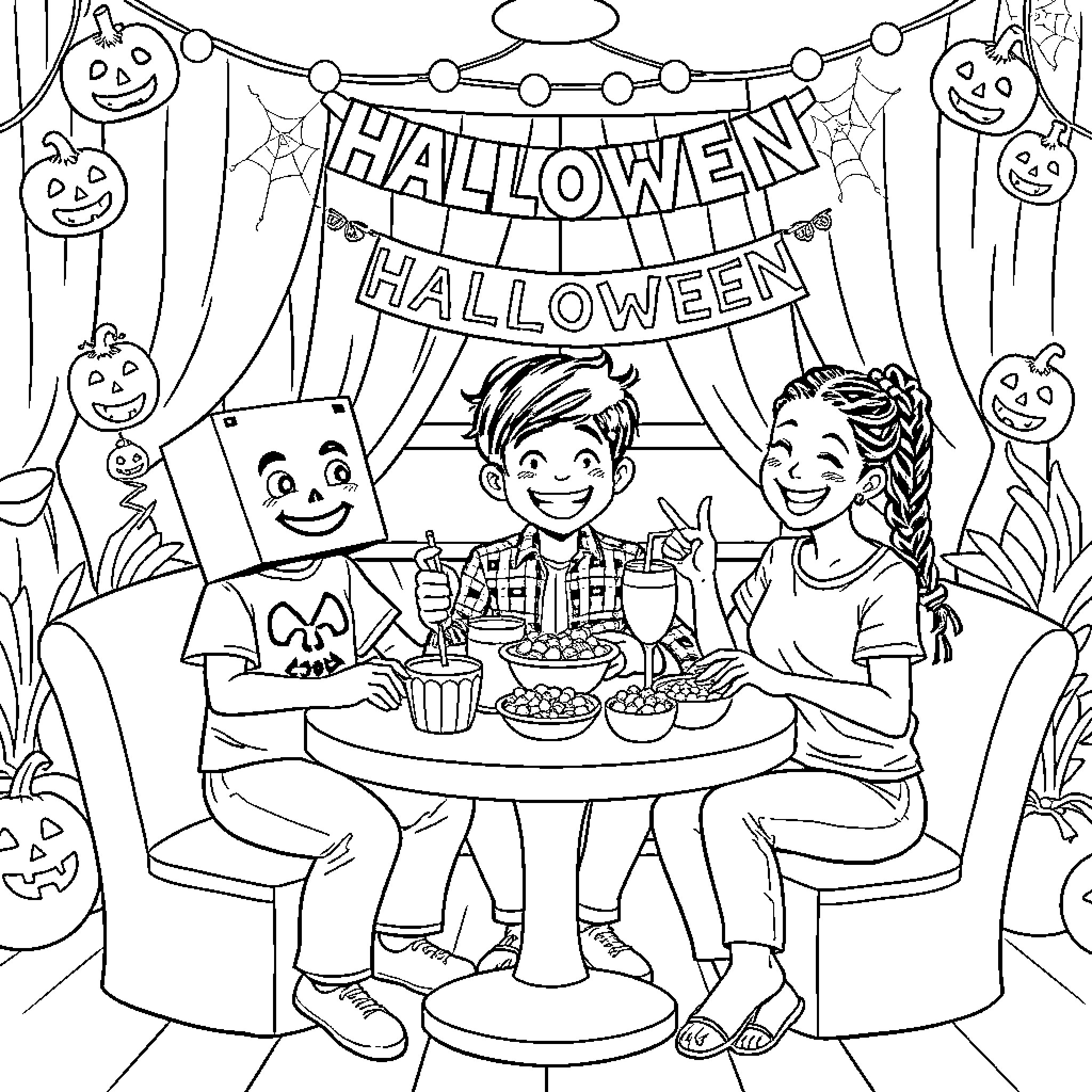 Friends having a cheerful Halloween celebration Coloring Page (free black-and-white line drawing printable PDF for all, from beginners to advanced learners, including children, teens, adults, and seniors)