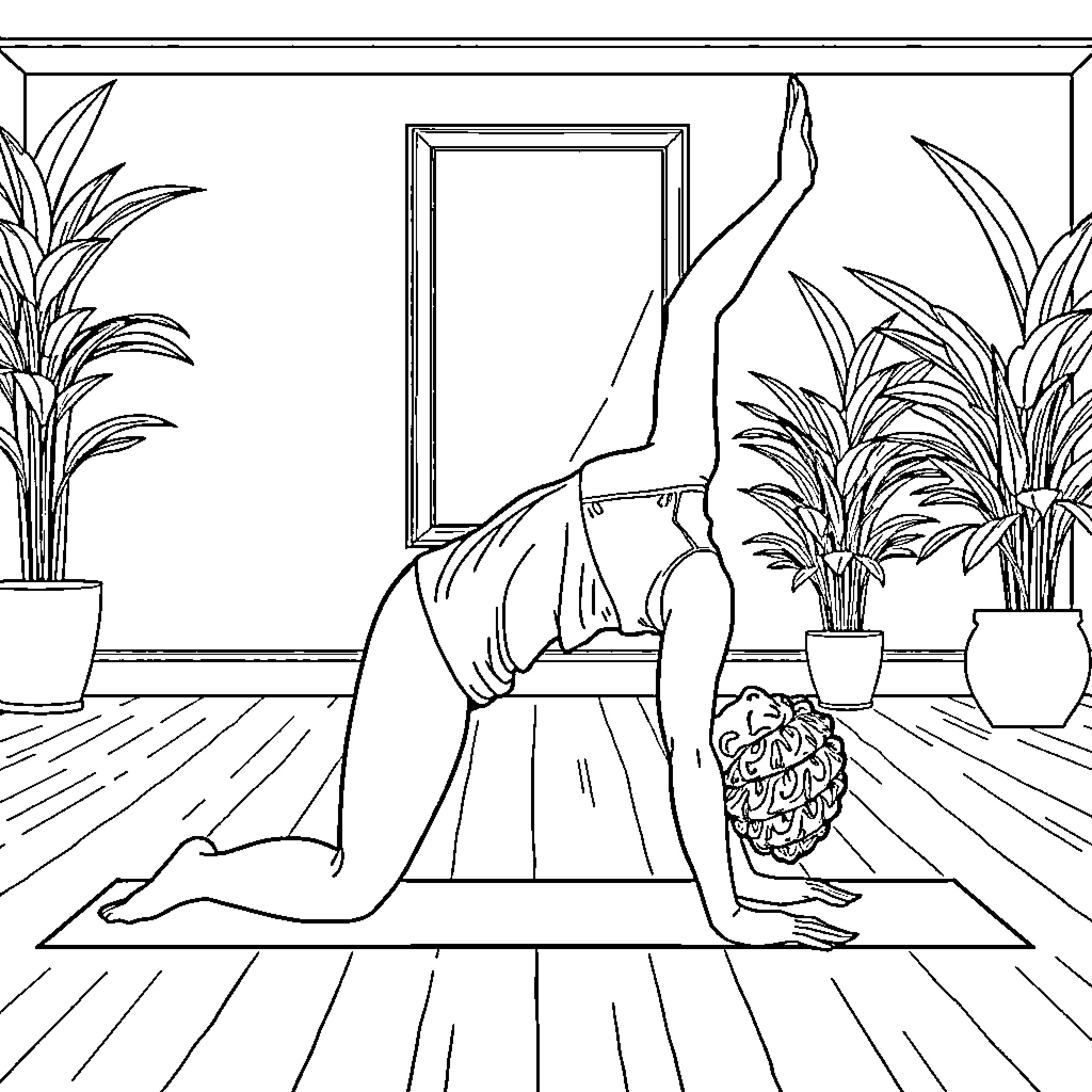 Yoga Posing in a Serene Indoor Space Coloring Page (free black-and-white line drawing printable PDF for all, from beginners to advanced learners, including children, teens, adults, and seniors)