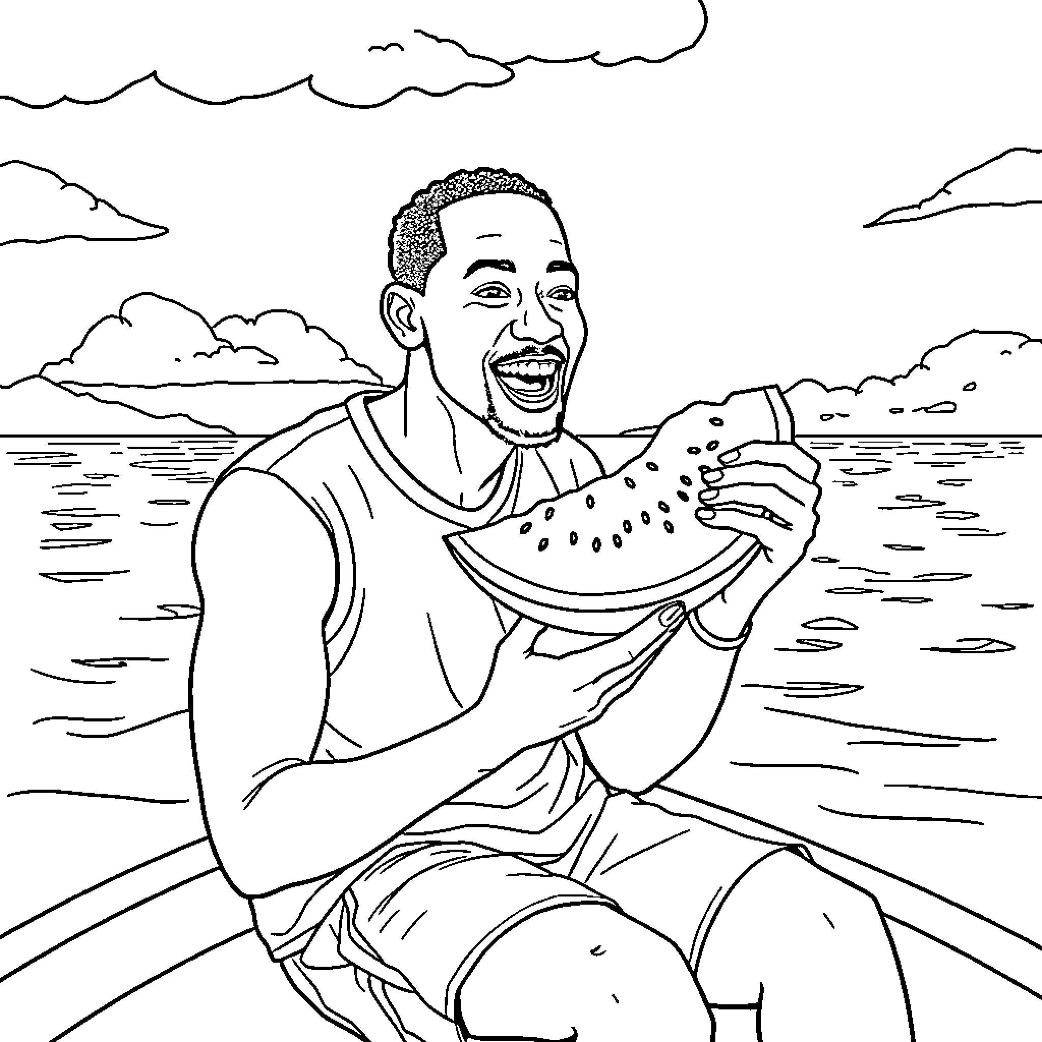 Jordan Clarkson enjoying watermelon on the beach Coloring Page (free black-and-white line drawing printable PDF for all, from beginners to advanced learners, including children, teens, adults, and seniors)