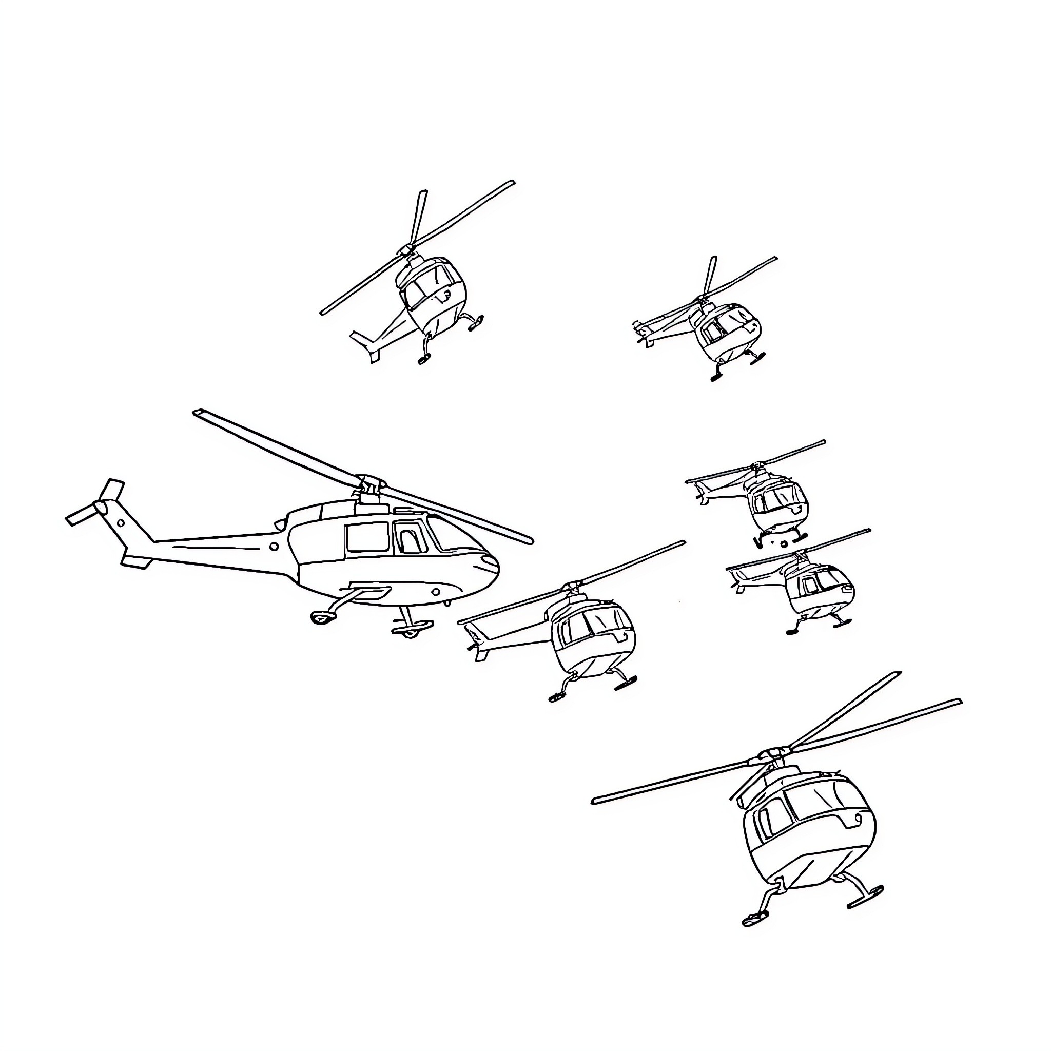 Helicopter swarm in flight formation Coloring Page (free black-and-white line drawing printable PDF for all, from beginners to advanced learners, including children, teens, adults, and seniors)