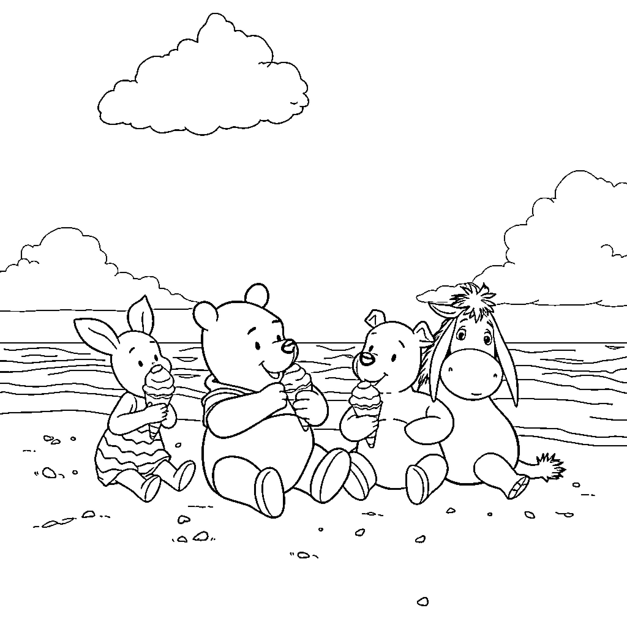 Winnie The Pooh and friends enjoying a day at the beach Coloring Page (free black-and-white line drawing printable PDF for all, from beginners to advanced learners, including children, teens, adults, and seniors)