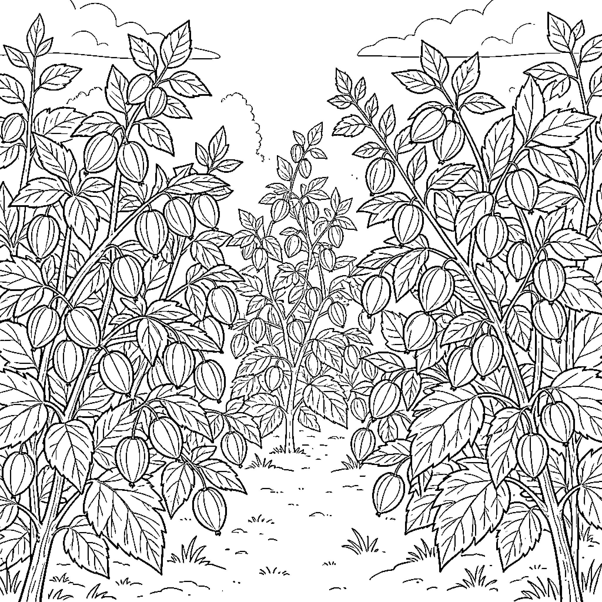Golden Berry Bushes in Scenic Landscape Coloring Page (free black-and-white line drawing printable PDF for all, from beginners to advanced learners, including children, teens, adults, and seniors)