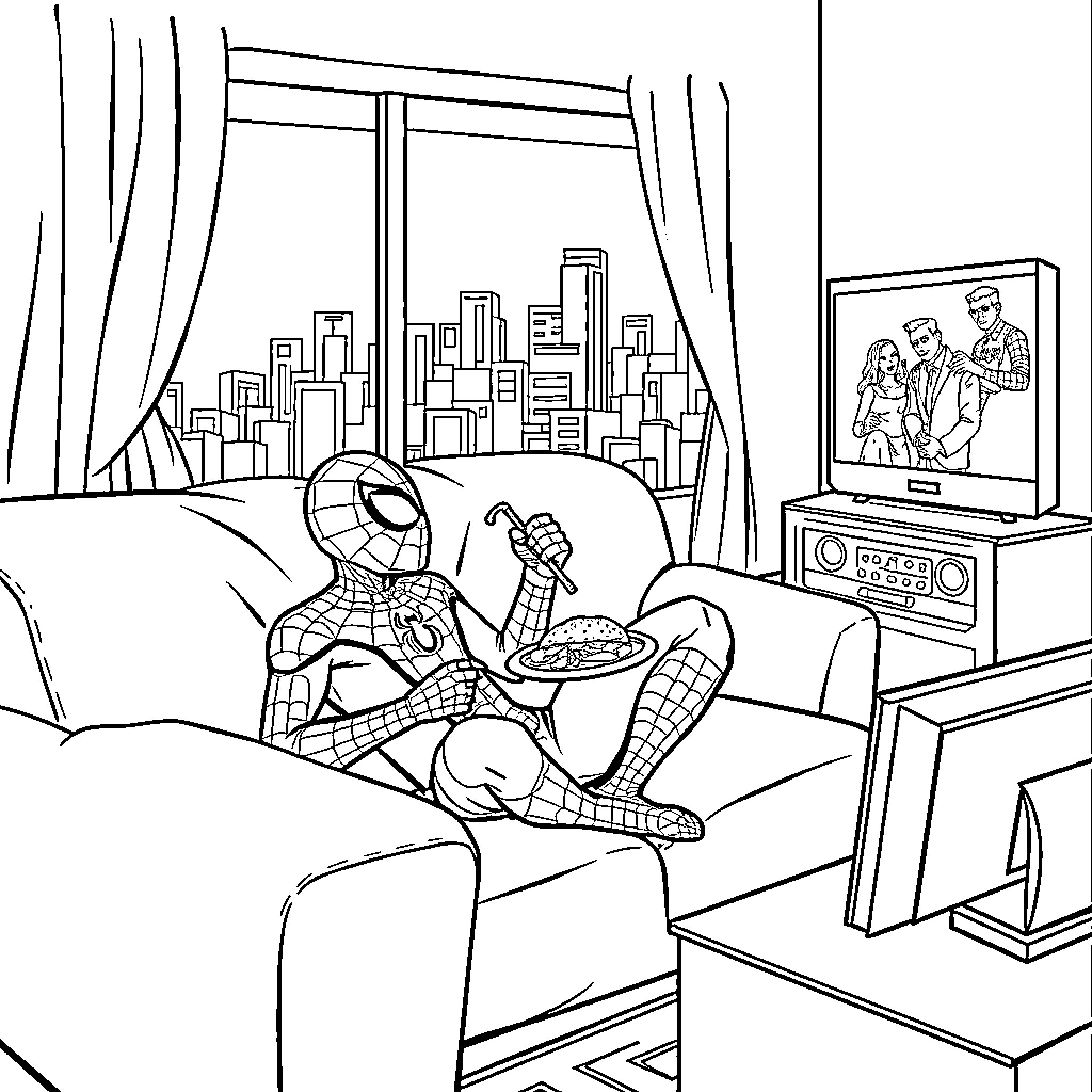 Spiderman relaxing and enjoying entertainment at home Coloring Page (free black-and-white line drawing printable PDF for all, from beginners to advanced learners, including children, teens, adults, and seniors)