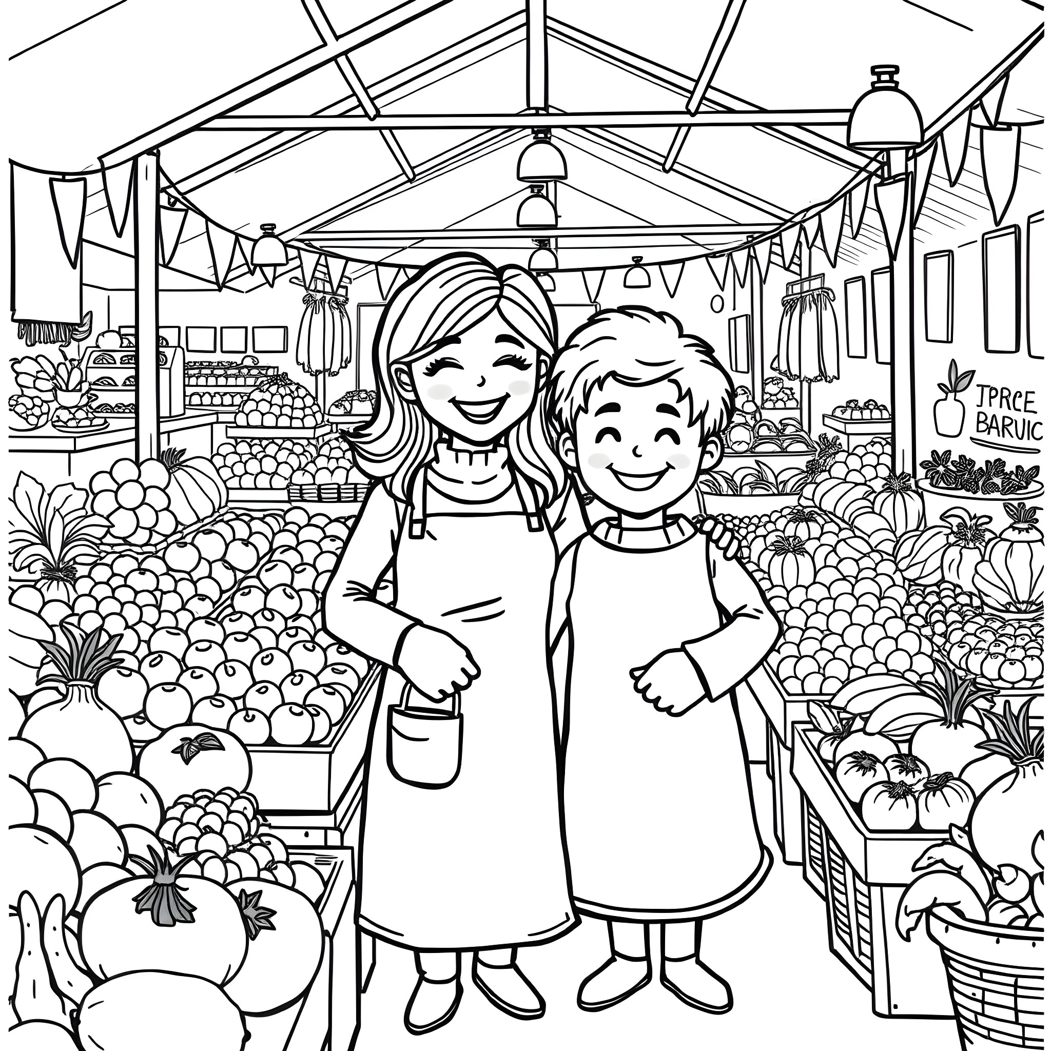 Mittens' Cozy Farmers Market Adventure Coloring Page (free black-and-white line drawing printable PDF for all, from beginners to advanced learners, including children, teens, adults, and seniors)