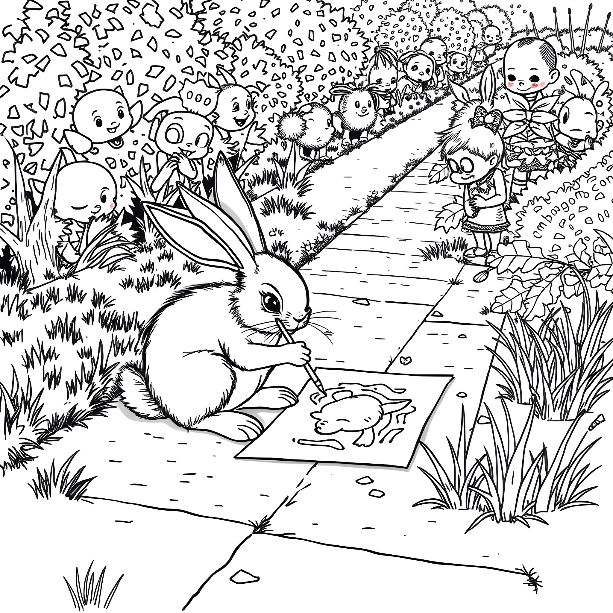 Rabbit Drawing on the Path with Cute Creatures Coloring Page (free black-and-white line drawing printable PDF for all, from beginners to advanced learners, including children, teens, adults, and seniors)