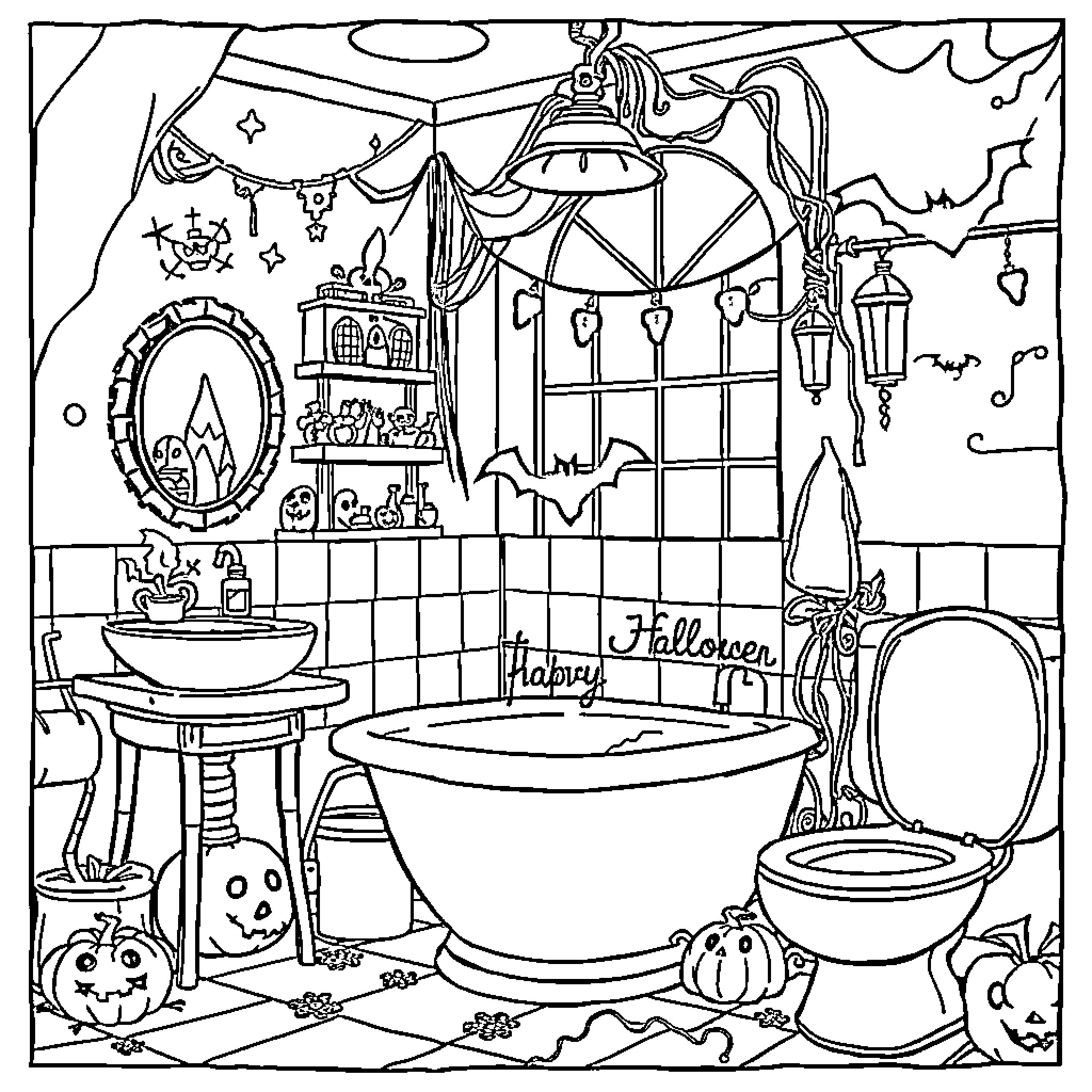 Bathroom decor for Halloween fun Coloring Page (free black-and-white line drawing printable PDF for all, from beginners to advanced learners, including children, teens, adults, and seniors)
