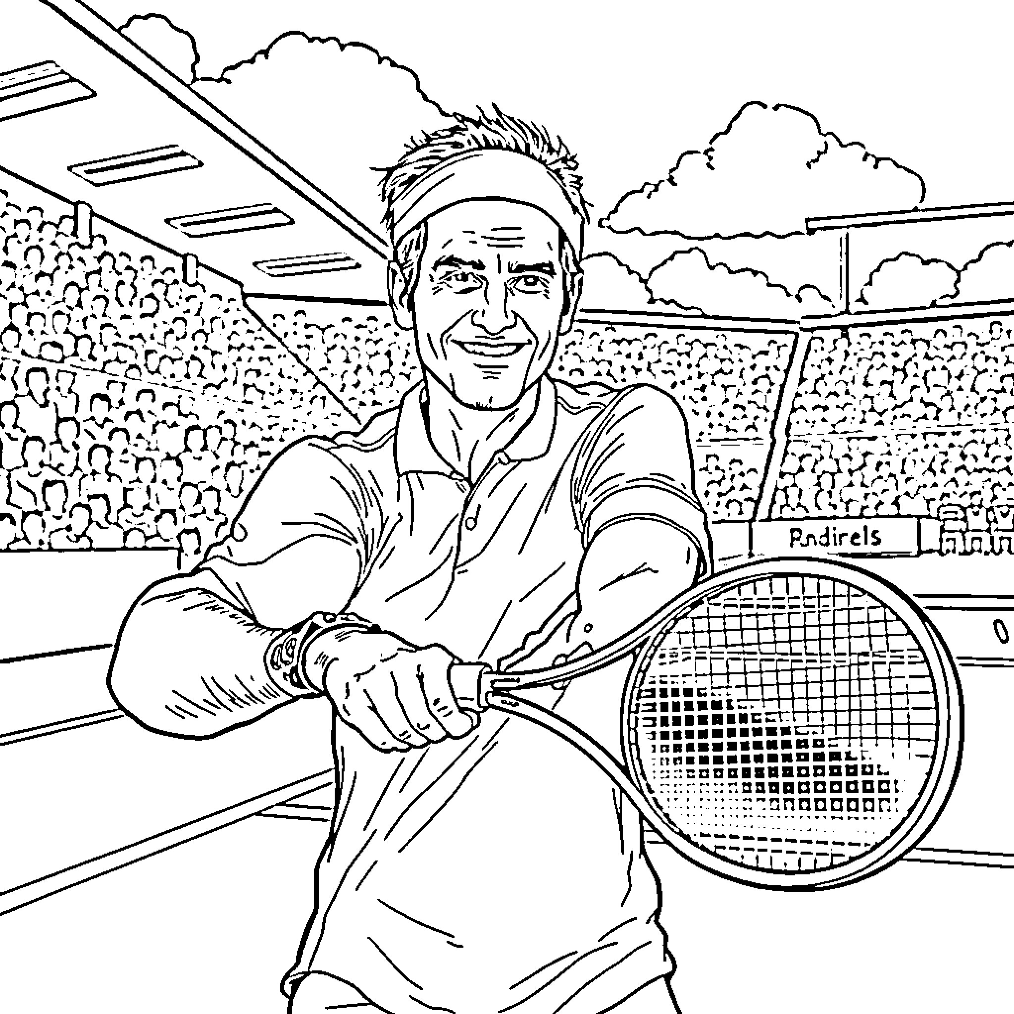 Roger Federer smiling and holding a tennis racket on the court Coloring Page (free black-and-white line drawing printable PDF for all, from beginners to advanced learners, including children, teens, adults, and seniors)