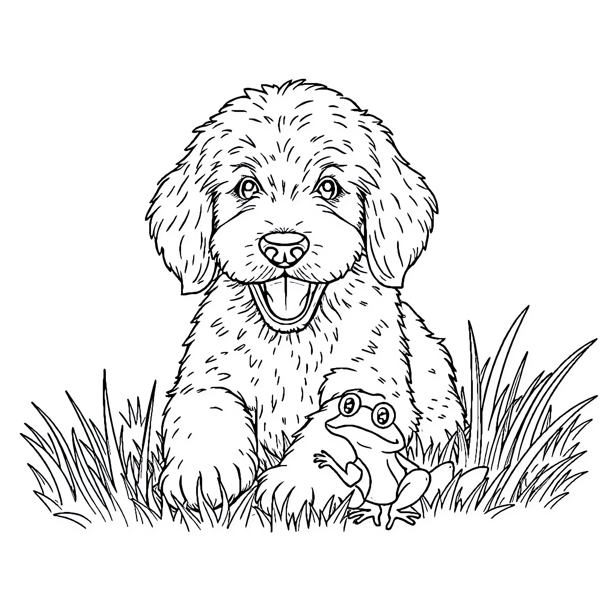 Doodle of a playful puppy and a frog in the grass Coloring Page (free black-and-white line drawing printable PDF for all, from beginners to advanced learners, including children, teens, adults, and seniors)