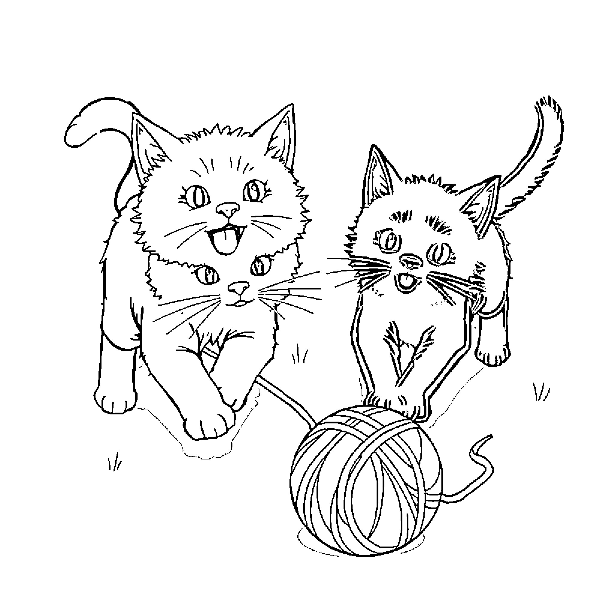 Cats playing with a ball of yarn Coloring Page (free black-and-white line drawing printable PDF for all, from beginners to advanced learners, including children, teens, adults, and seniors)