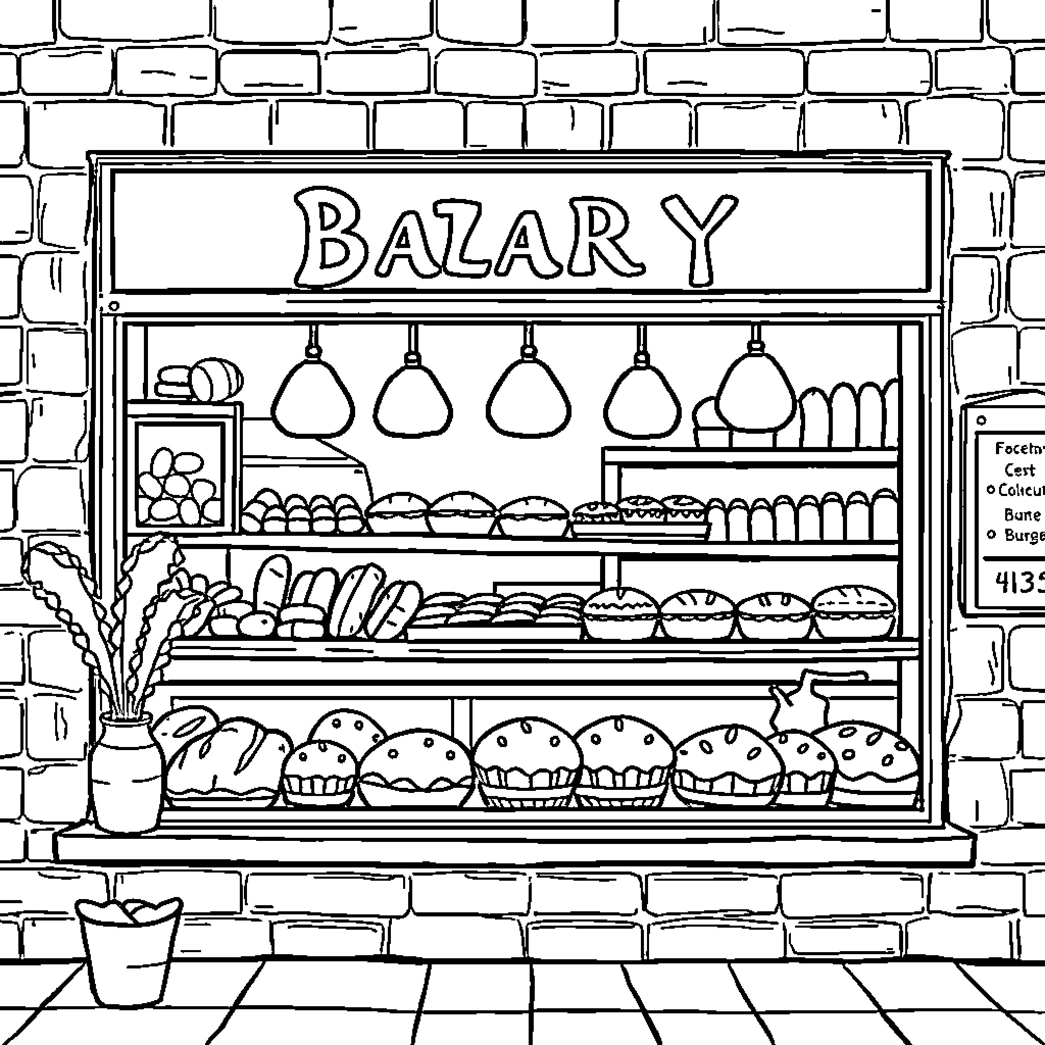 Bakery display of baked goods and treats Coloring Page (free black-and-white line drawing printable PDF for all, from beginners to advanced learners, including children, teens, adults, and seniors)