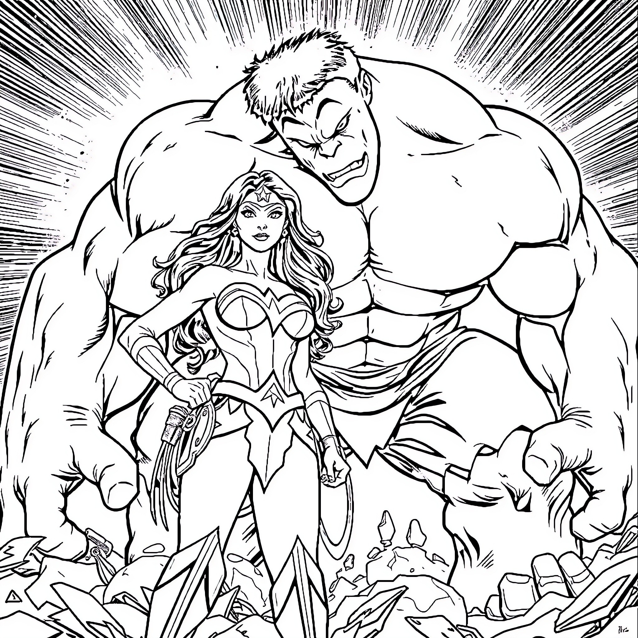 Wonder Woman battles a powerful foe in action-packed scene Coloring Page (free black-and-white line drawing printable PDF for all, from beginners to advanced learners, including children, teens, adults, and seniors)