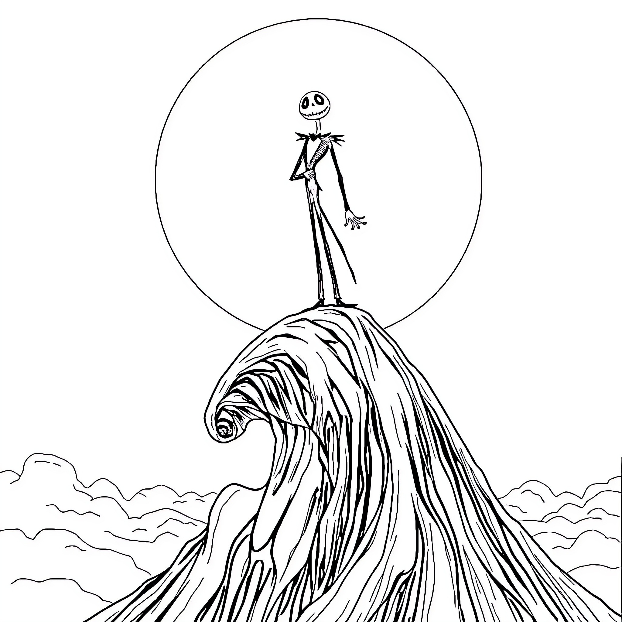 Jack Skellington standing atop a towering wave Coloring Page (free black-and-white line drawing printable PDF for all, from beginners to advanced learners, including children, teens, adults, and seniors)