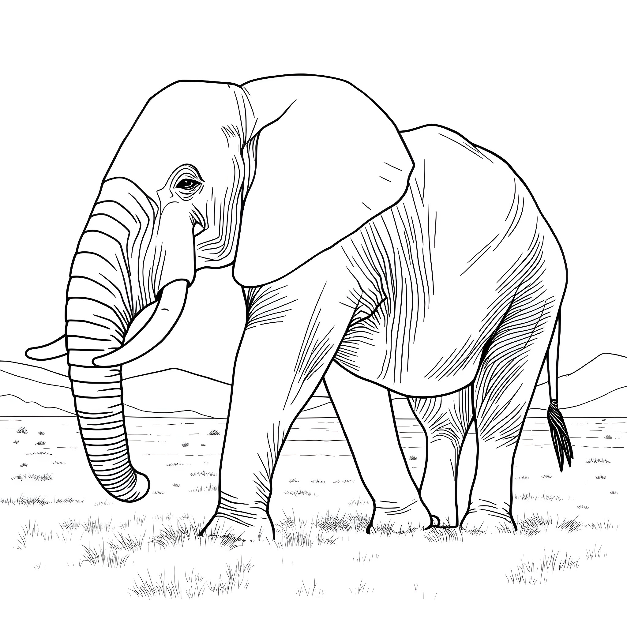 Elephant walking in the grassland Coloring Page (free black-and-white line drawing printable PDF for all, from beginners to advanced learners, including children, teens, adults, and seniors)