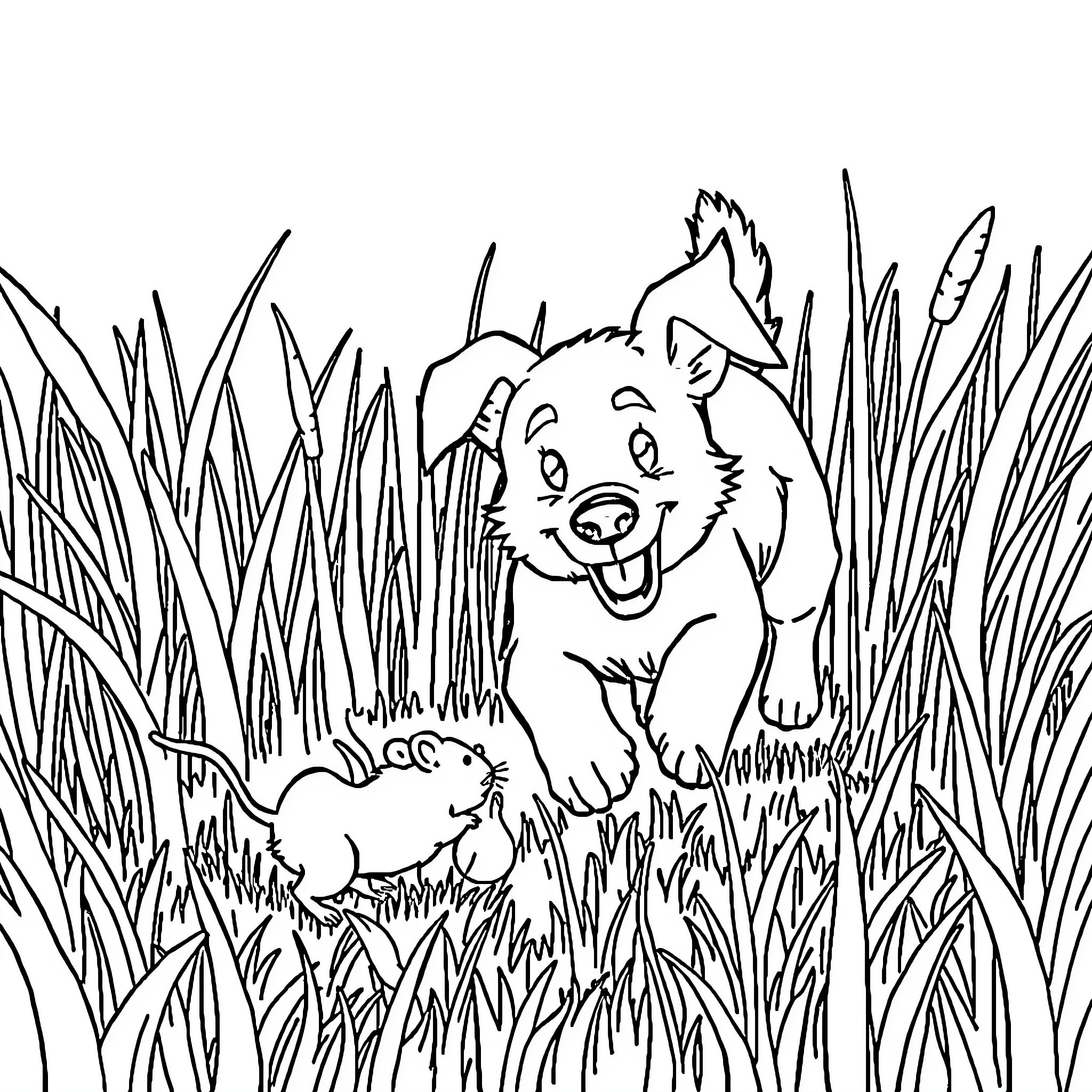 Dog happily playing in tall grass Coloring Page (free black-and-white line drawing printable PDF for all, from beginners to advanced learners, including children, teens, adults, and seniors)