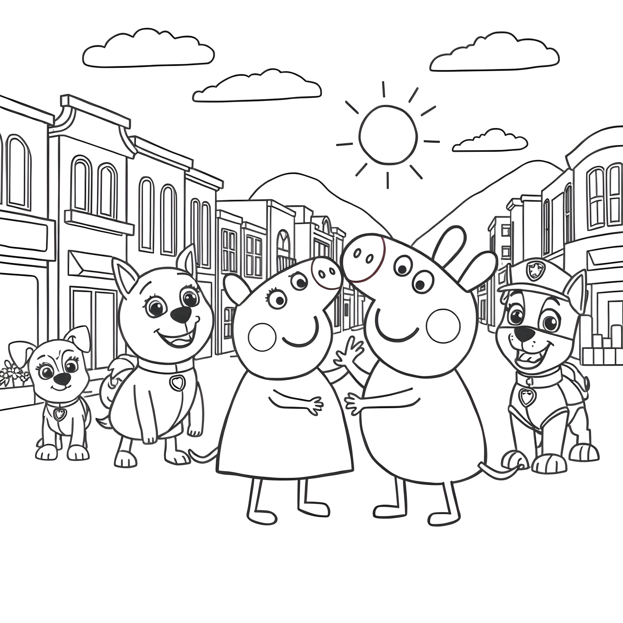 Peppa Pig and friends explore the town Coloring Page (free black-and-white line drawing printable PDF for all, from beginners to advanced learners, including children, teens, adults, and seniors)