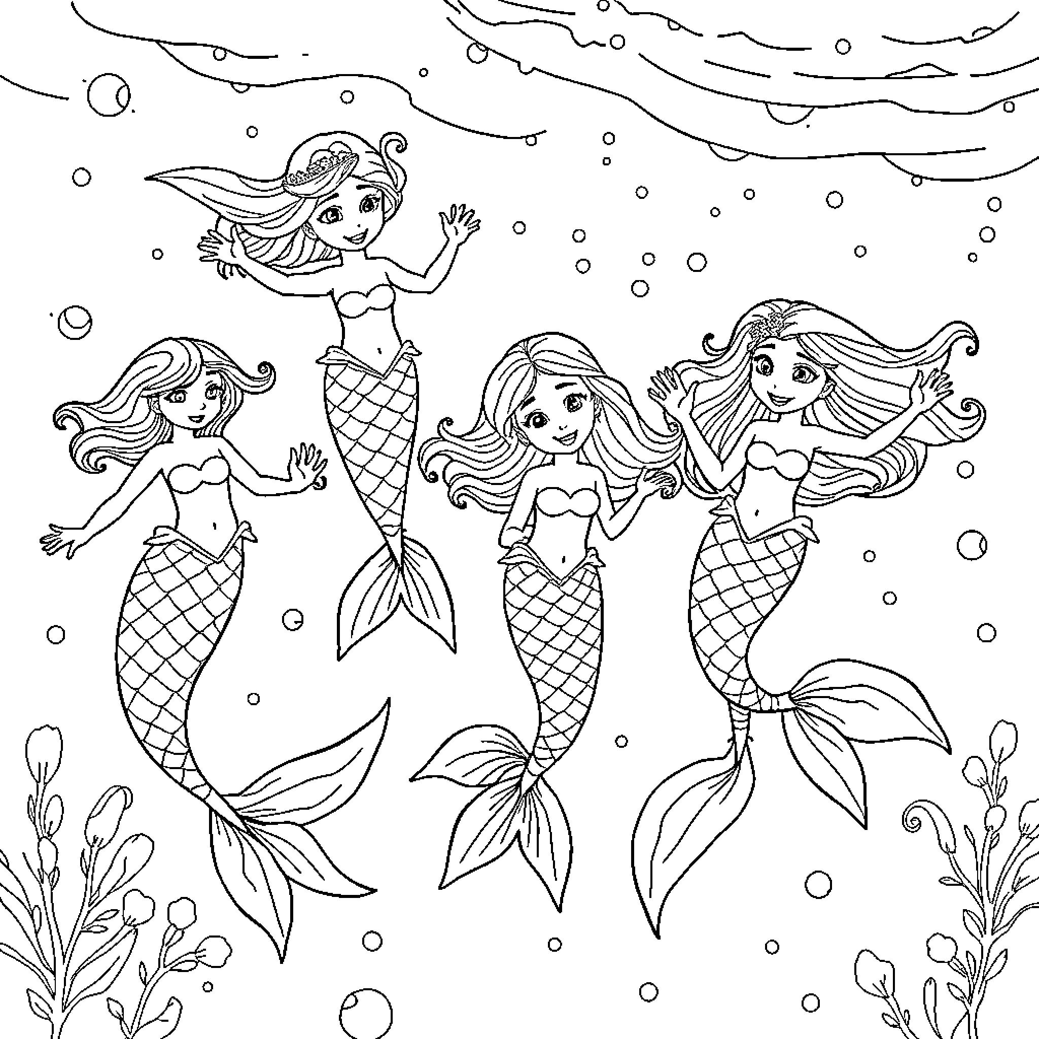 Mermaid Friends Waving Joyfully Underwater Coloring Page (free black-and-white line drawing printable PDF for all, from beginners to advanced learners, including children, teens, adults, and seniors)
