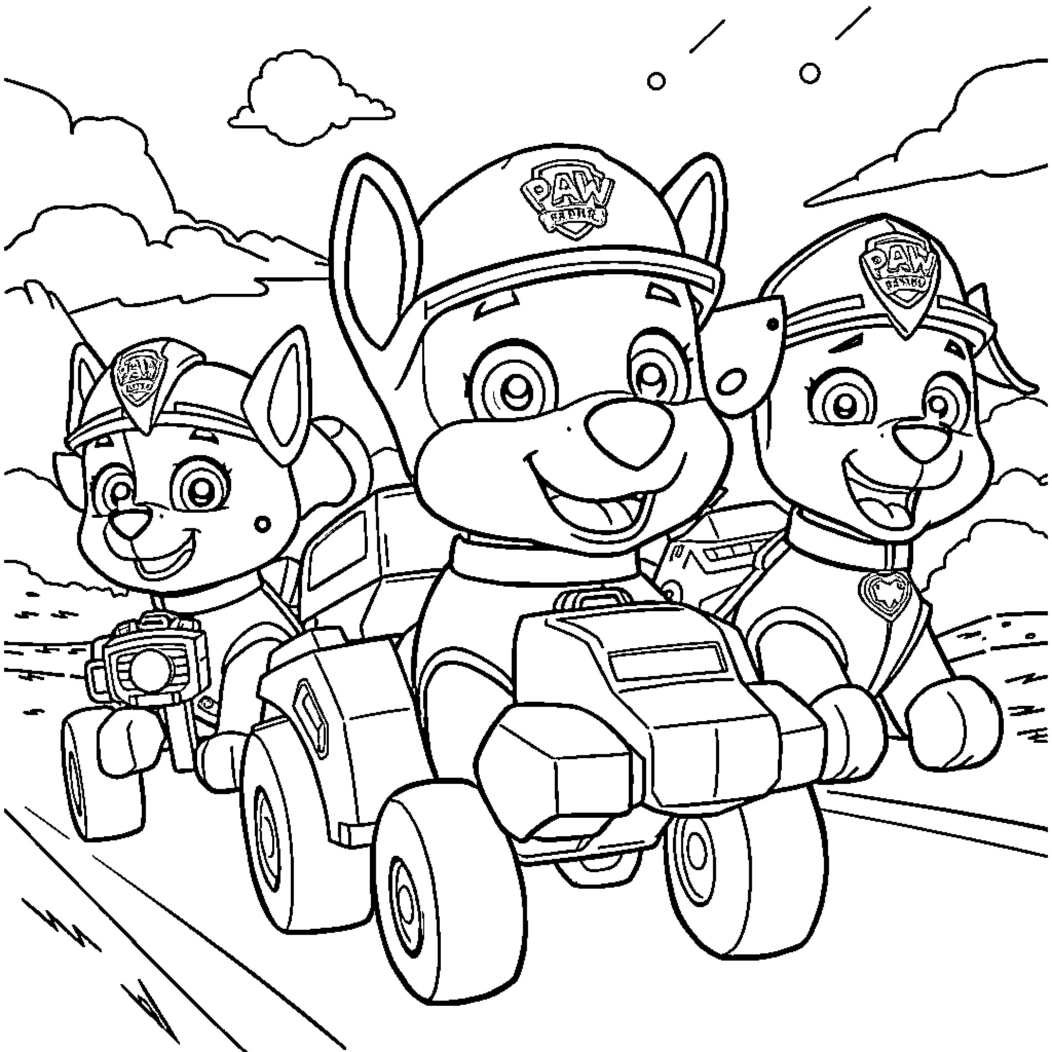 Paw Patrol pups on an adventure in their vehicles Coloring Page (free black-and-white line drawing printable PDF for all, from beginners to advanced learners, including children, teens, adults, and seniors)