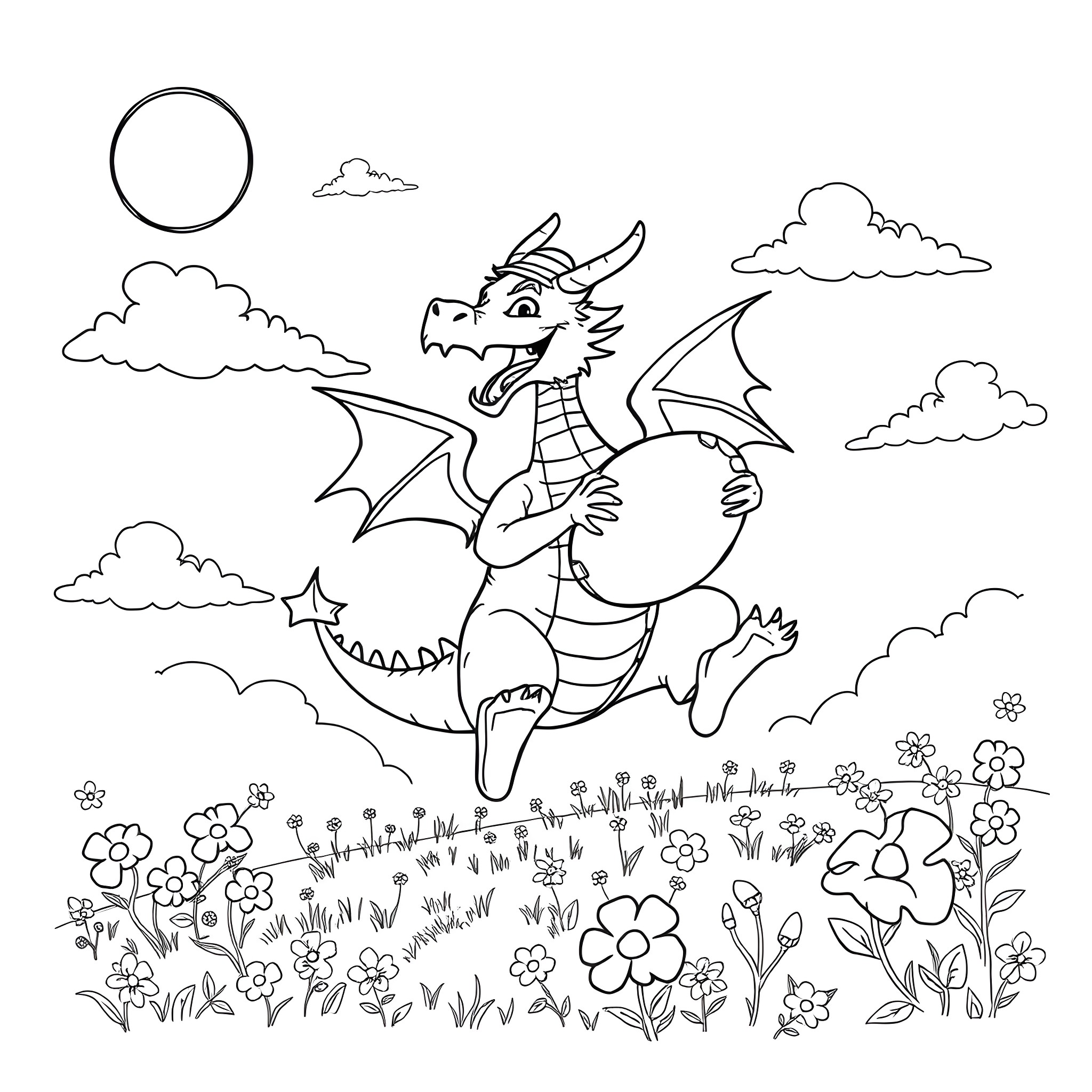 Dragon soaring gracefully in a flowery meadow Coloring Page (free black-and-white line drawing printable PDF for all, from beginners to advanced learners, including children, teens, adults, and seniors)