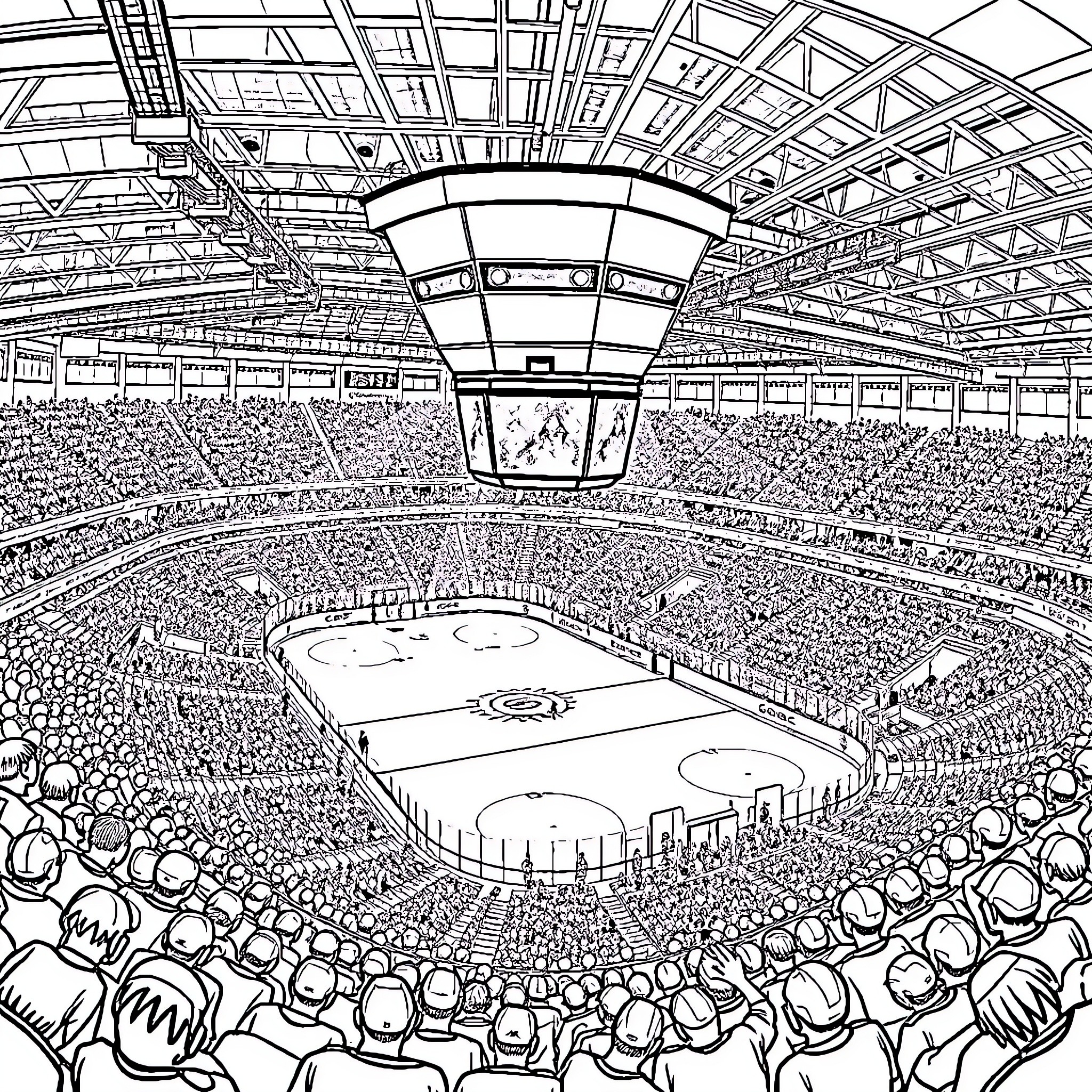 Hockey Arena with Packed Crowd and Ice Rink Coloring Page (free black-and-white line drawing printable PDF for all, from beginners to advanced learners, including children, teens, adults, and seniors)