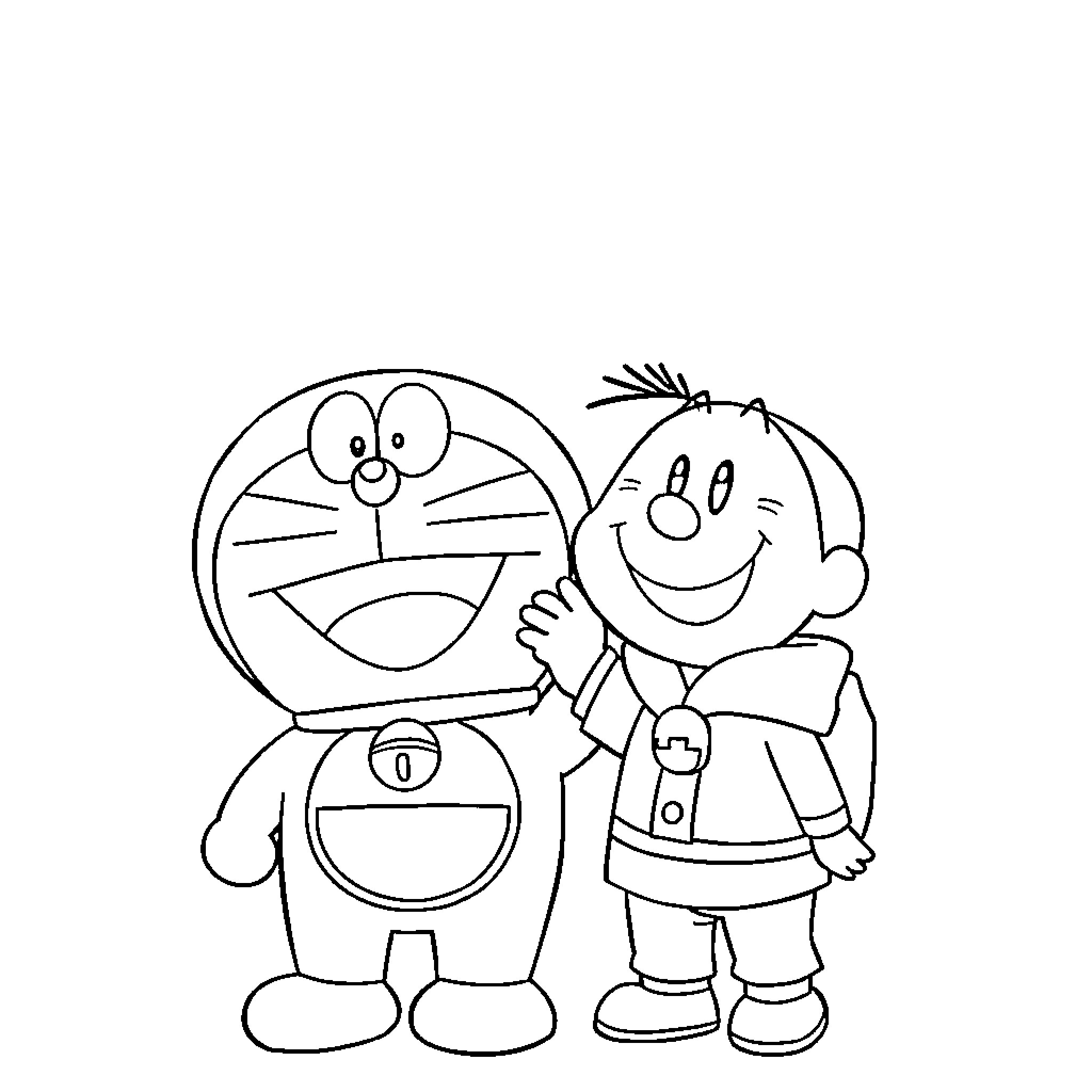 Doraemon and Nobita in Cartoon Outfits Coloring Page (free black-and-white line drawing printable PDF for all, from beginners to advanced learners, including children, teens, adults, and seniors)