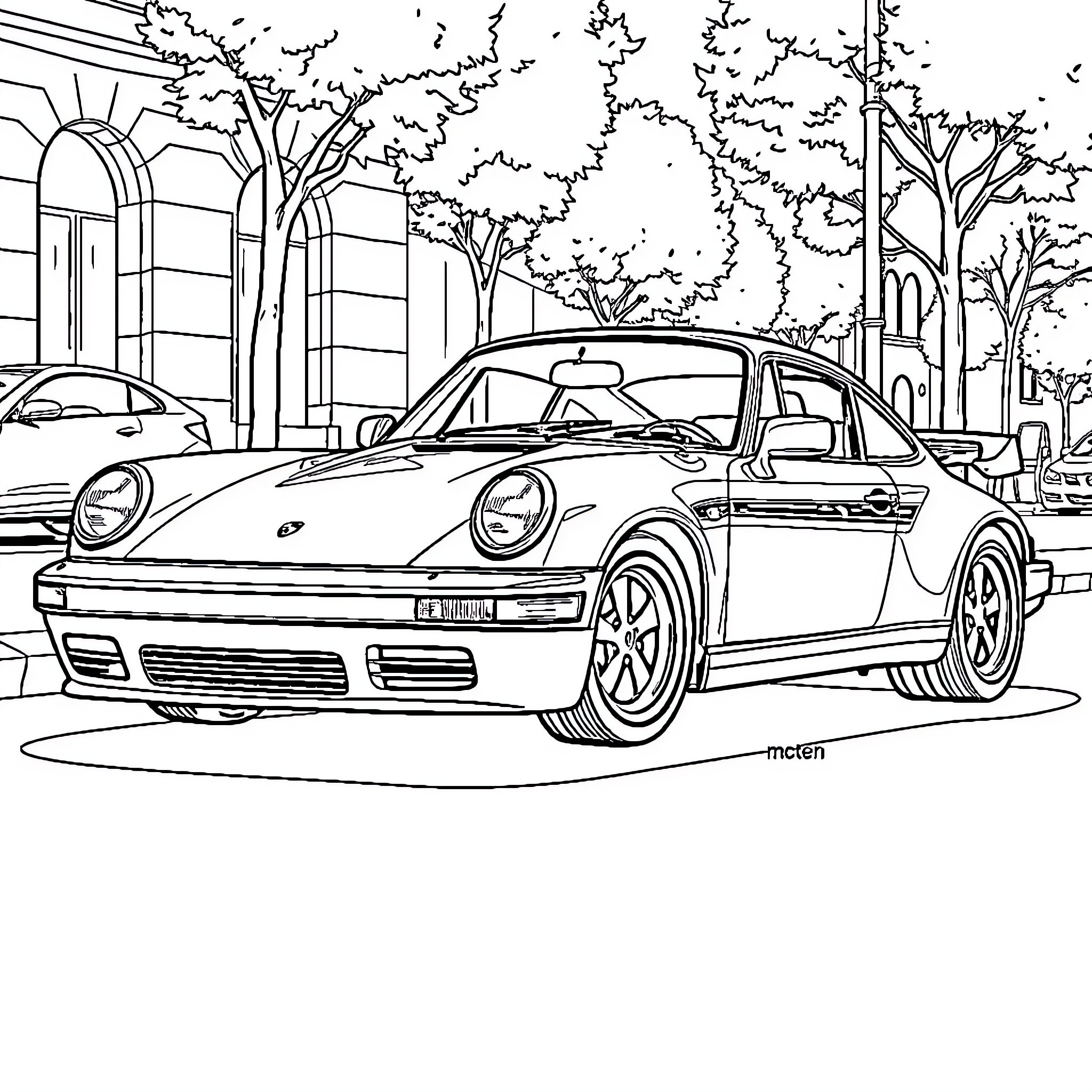 Porsche classic sports car in urban setting Coloring Page (free black-and-white line drawing printable PDF for all, from beginners to advanced learners, including children, teens, adults, and seniors)