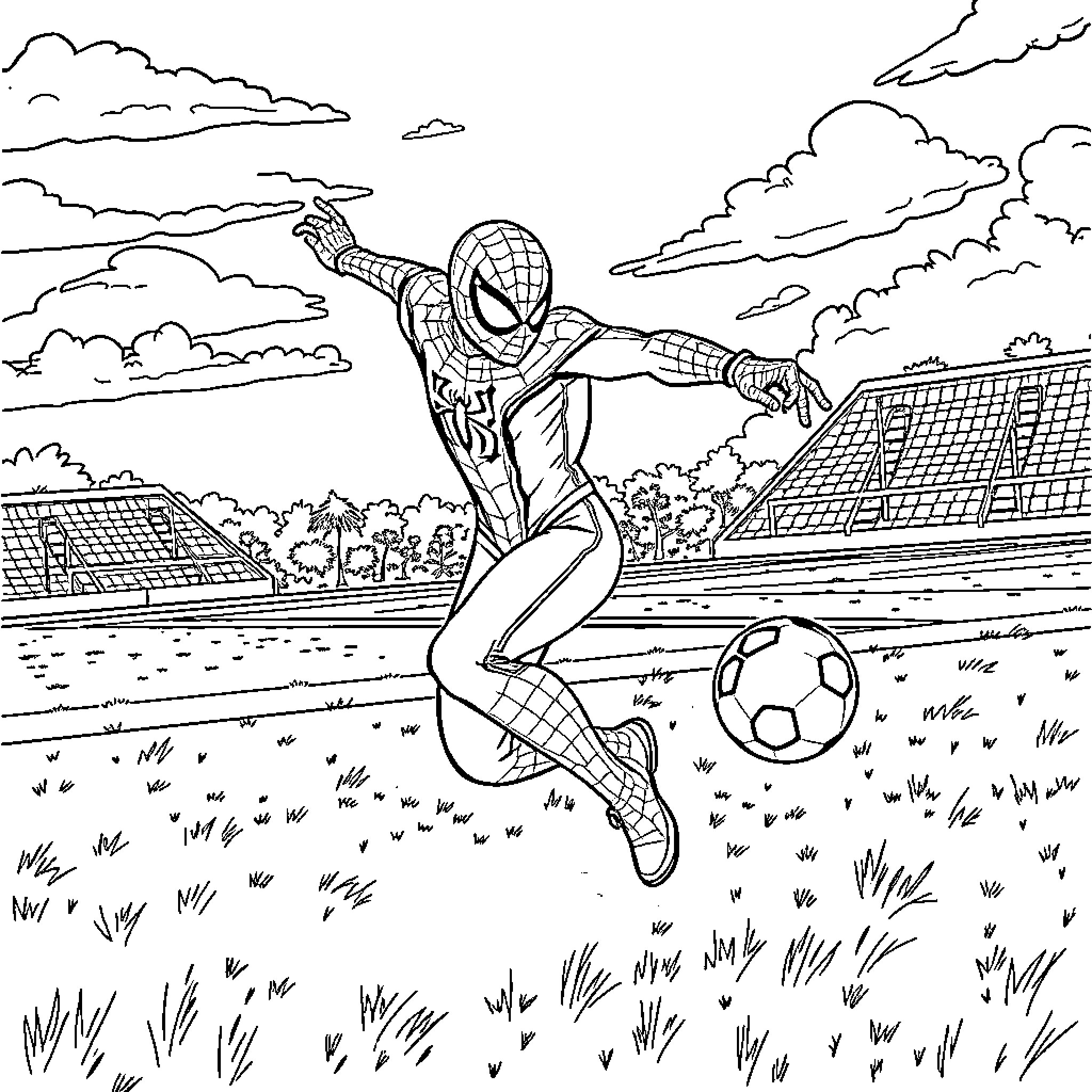 Spiderman playing soccer in the field Coloring Page (free black-and-white line drawing printable PDF for all, from beginners to advanced learners, including children, teens, adults, and seniors)