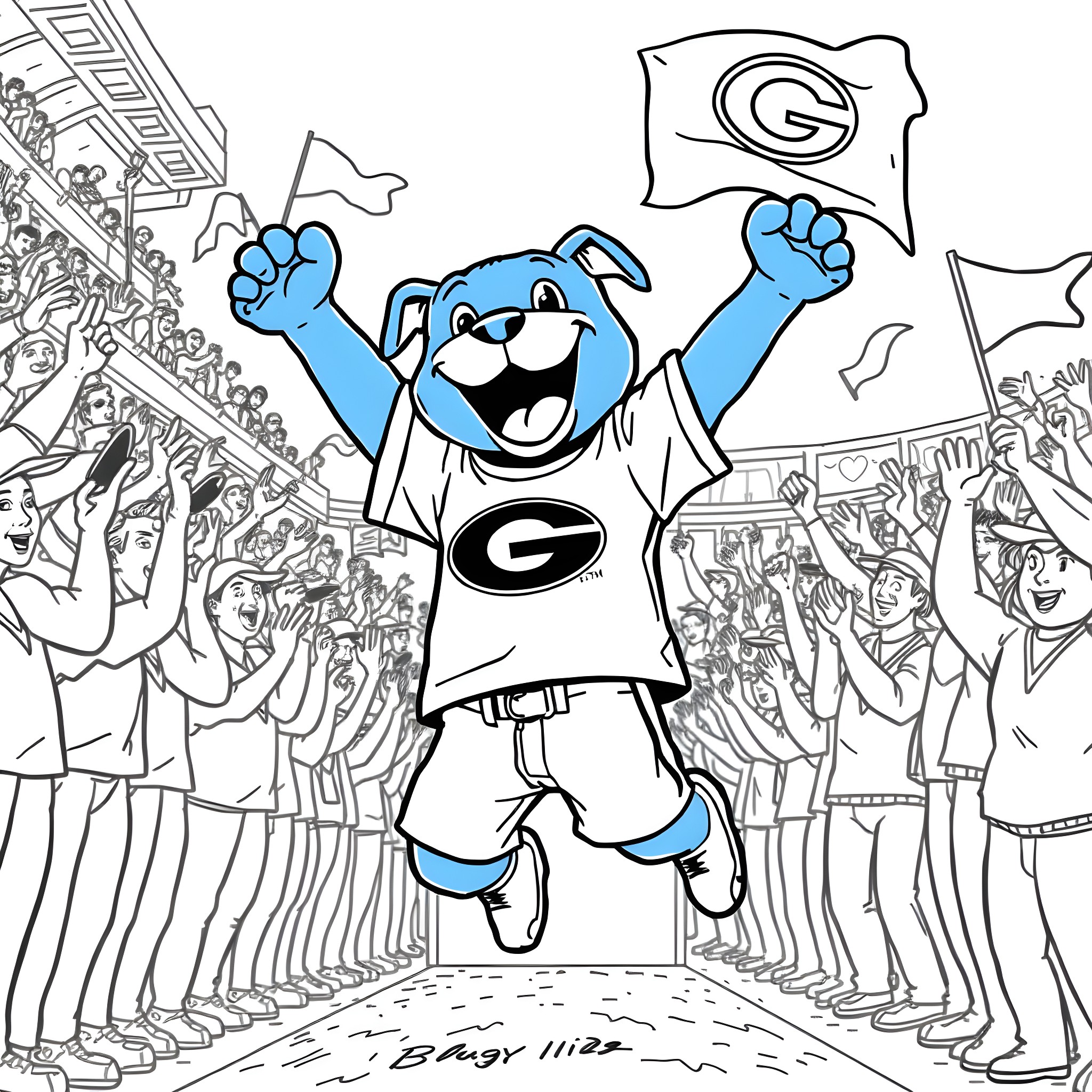 Bluey celebrating victory with fans in the stadium Coloring Page (free black-and-white line drawing printable PDF for all, from beginners to advanced learners, including children, teens, adults, and seniors)