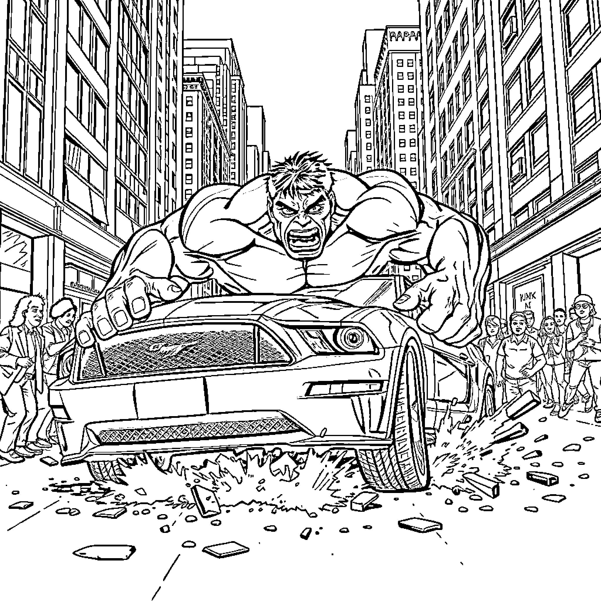 Hulk Rampaging Through the City Streets Coloring Page (free black-and-white line drawing printable PDF for all, from beginners to advanced learners, including children, teens, adults, and seniors)