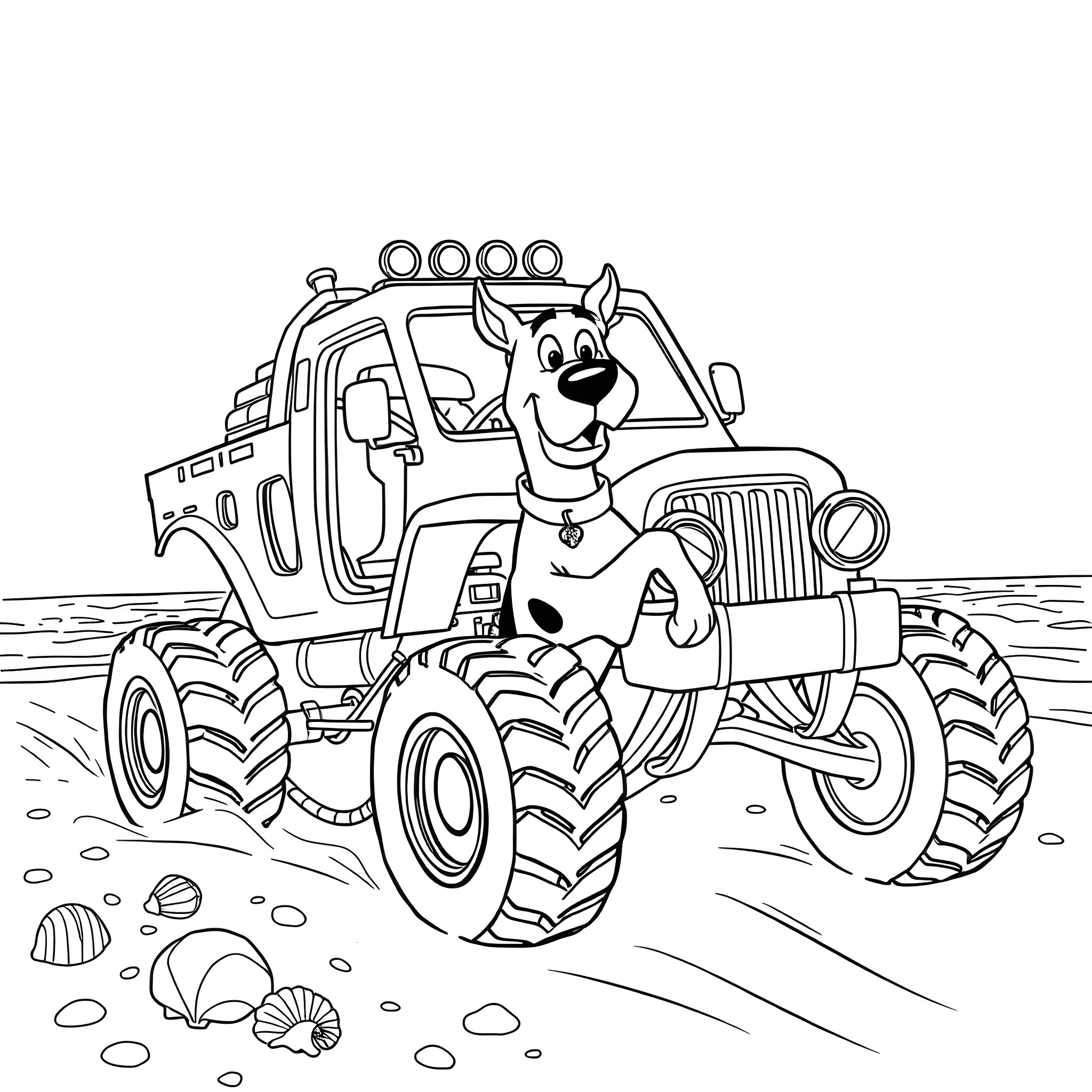 Scooby Doo driving a monster truck in the desert Coloring Page (free black-and-white line drawing printable PDF for all, from beginners to advanced learners, including children, teens, adults, and seniors)