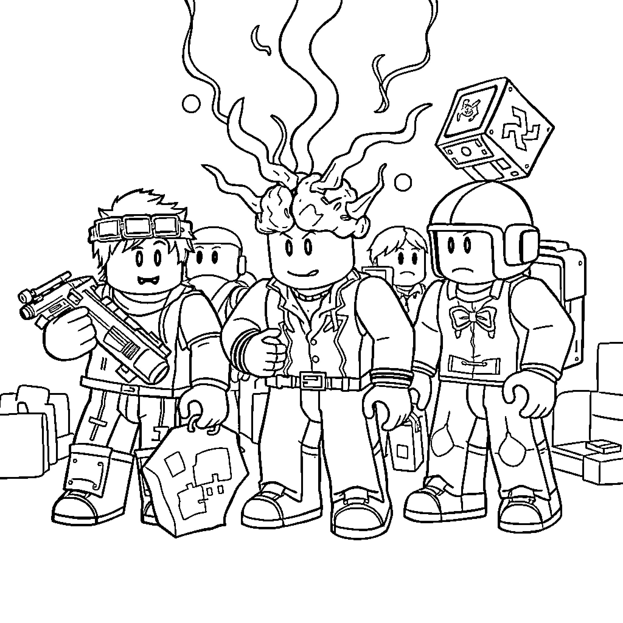 Roblox characters in an action-packed scene Coloring Page (free black-and-white line drawing printable PDF for all, from beginners to advanced learners, including children, teens, adults, and seniors)