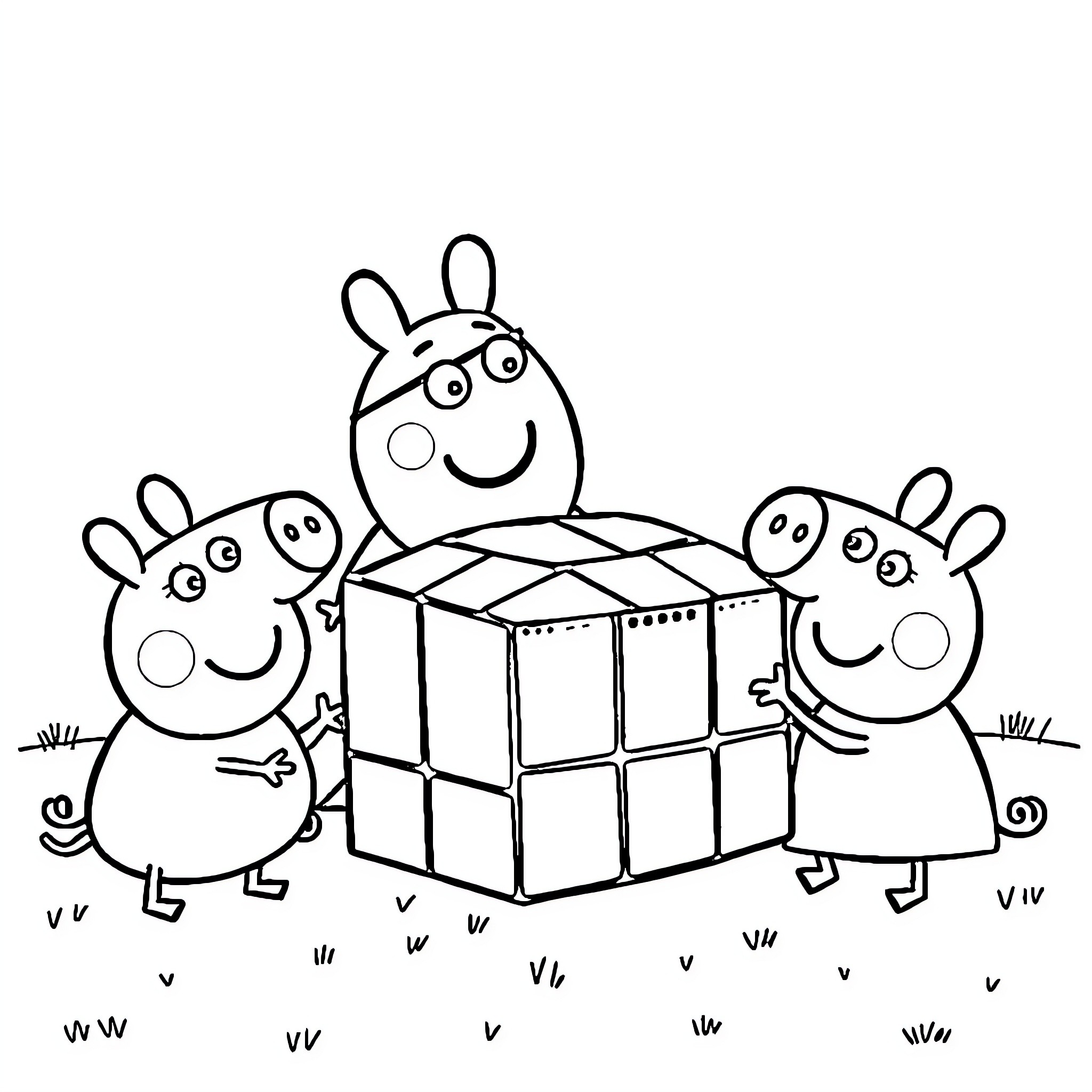 Peppa and friends explore a Rubik's cube Coloring Page (free black-and-white line drawing printable PDF for all, from beginners to advanced learners, including children, teens, adults, and seniors)