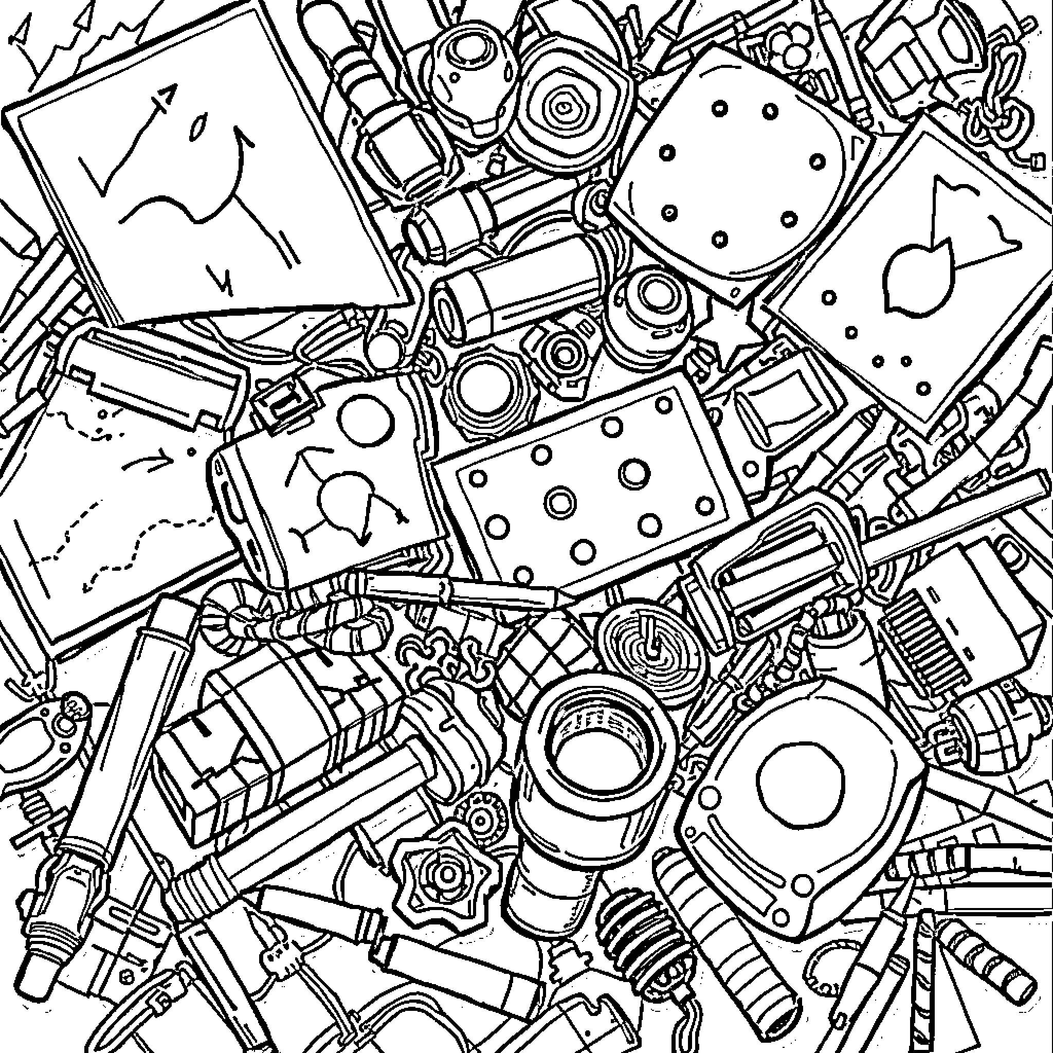 Random Assortment of Eclectic Objects Coloring Page (free black-and-white line drawing printable PDF for all, from beginners to advanced learners, including children, teens, adults, and seniors)