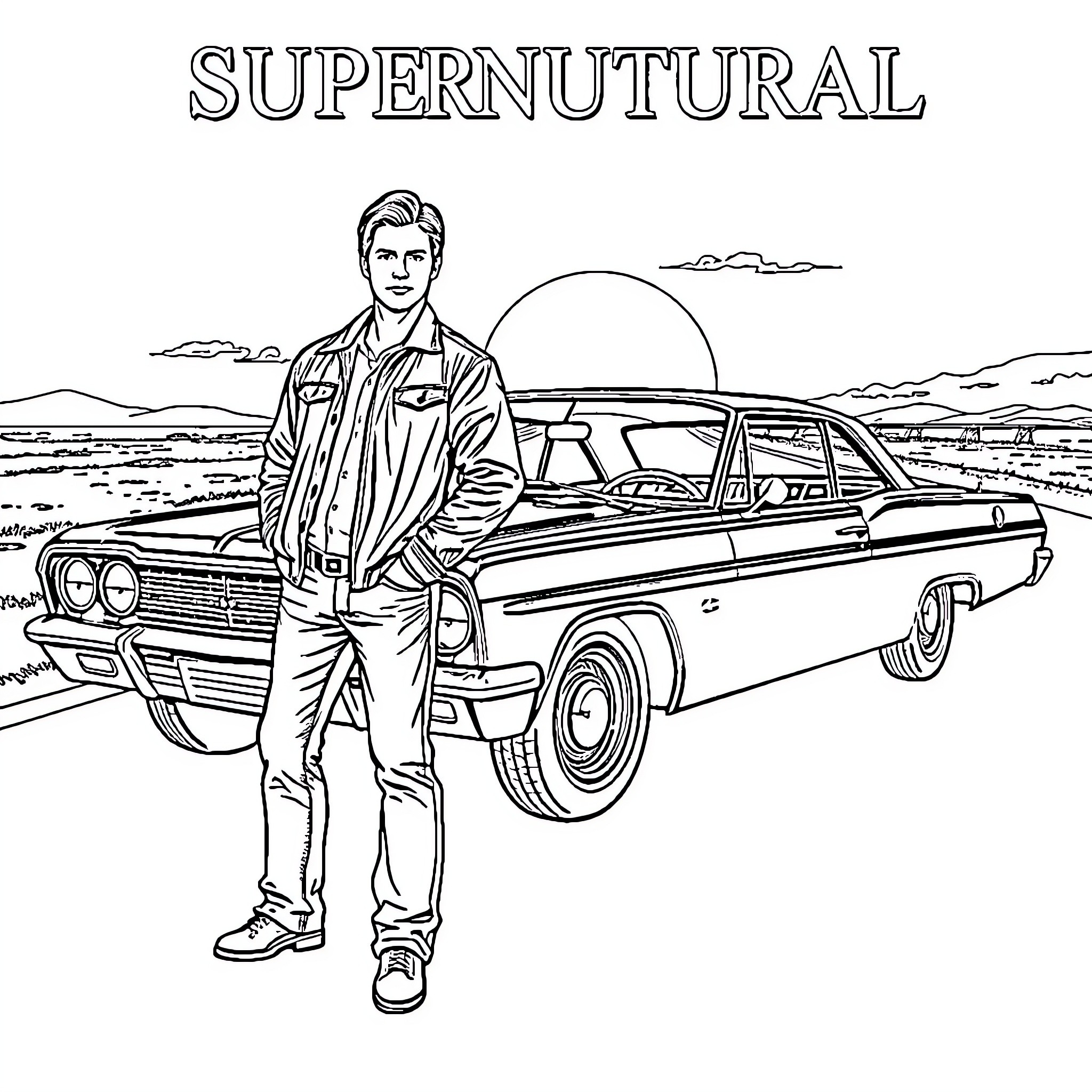 Impala with man in classic car against desert landscape Coloring Page (free black-and-white line drawing printable PDF for all, from beginners to advanced learners, including children, teens, adults, and seniors)