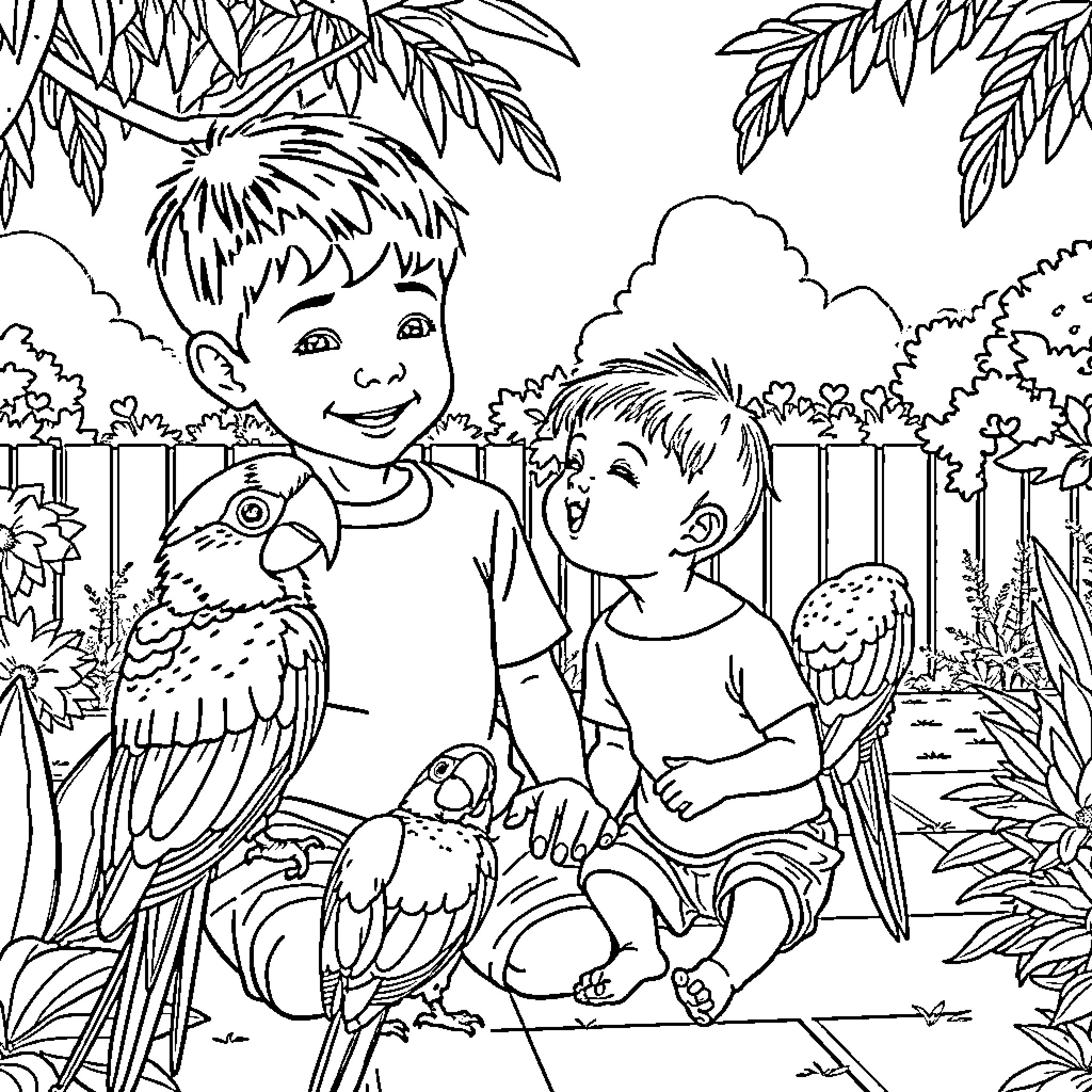 Boy and friends playing with colorful parrots in nature Coloring Page (free black-and-white line drawing printable PDF for all, from beginners to advanced learners, including children, teens, adults, and seniors)