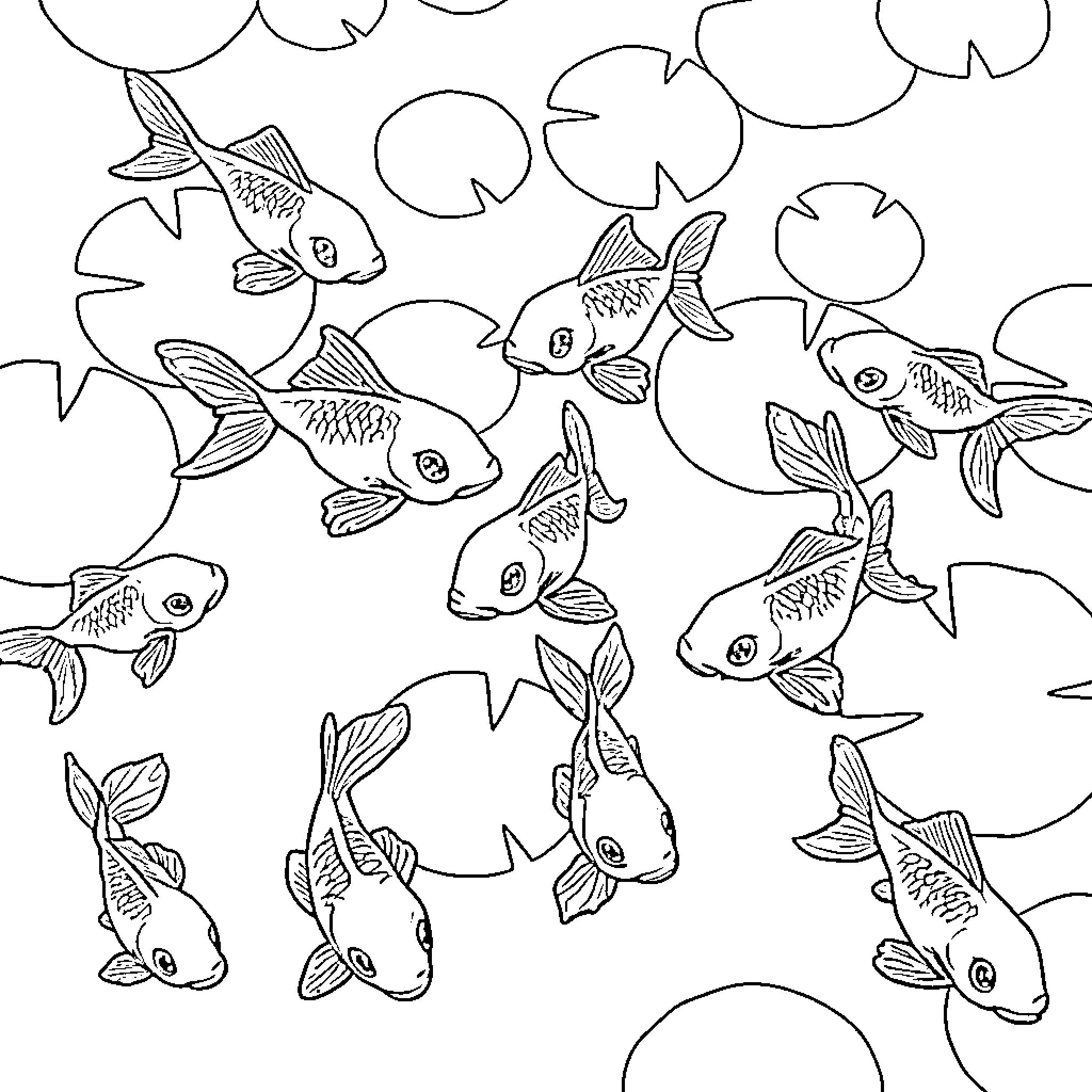 Goldfish swimming in an underwater scene Coloring Page (free black-and-white line drawing printable PDF for all, from beginners to advanced learners, including children, teens, adults, and seniors)