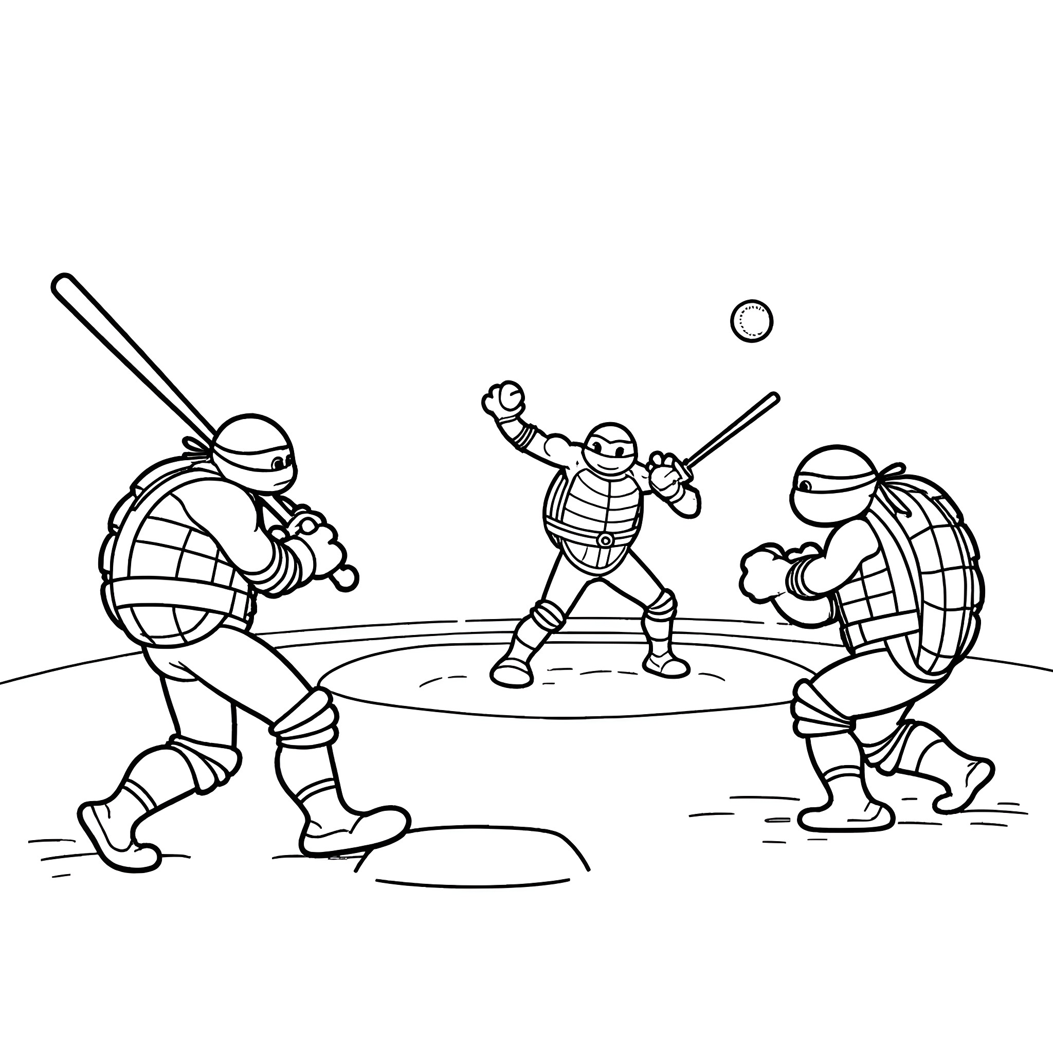 Teenage Mutant Ninja Turtles playing baseball Coloring Page (free black-and-white line drawing printable PDF for all, from beginners to advanced learners, including children, teens, adults, and seniors)