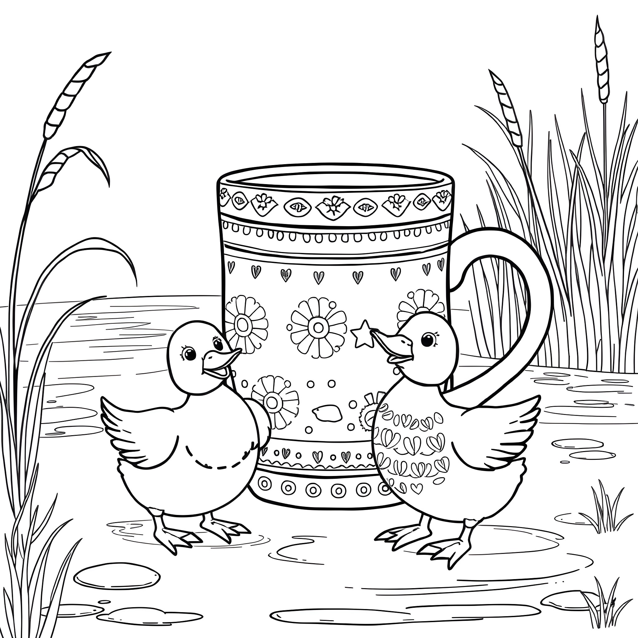 Duck pair exploring a decorated vase in a natural setting Coloring Page (free black-and-white line drawing printable PDF for all, from beginners to advanced learners, including children, teens, adults, and seniors)