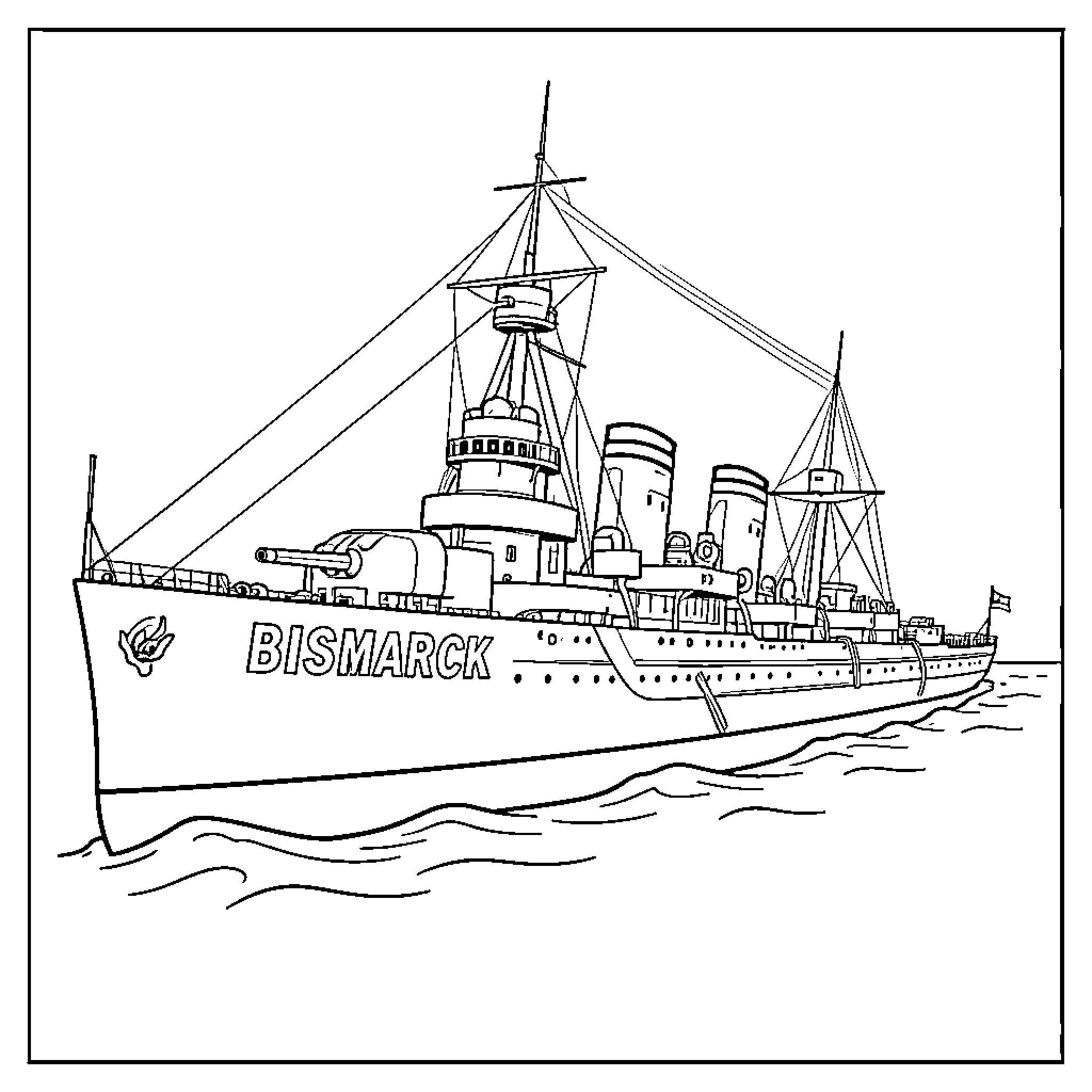 Bismarck battleship sailing through ocean waves Coloring Page (free black-and-white line drawing printable PDF for all, from beginners to advanced learners, including children, teens, adults, and seniors)