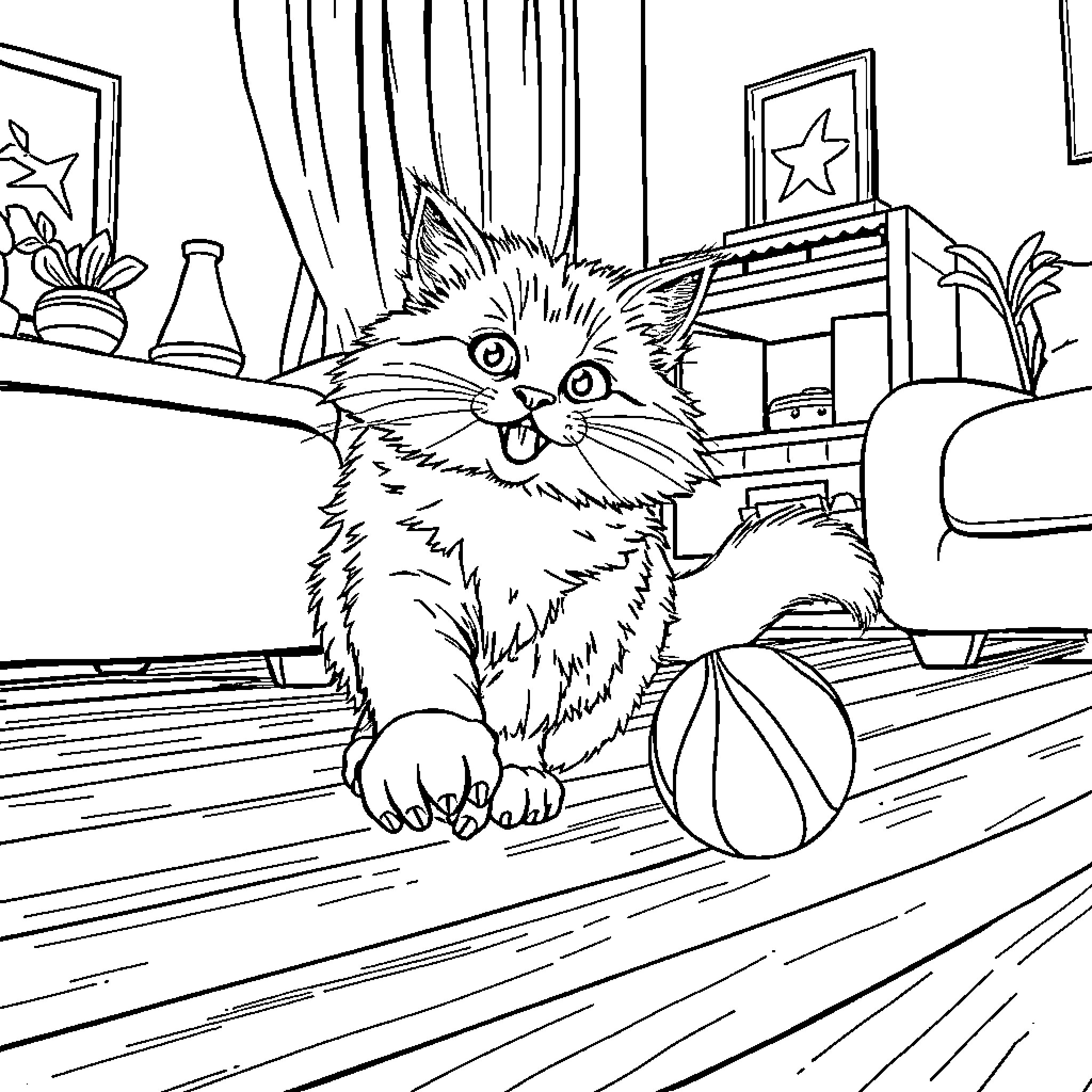Cat playing with toys in room Coloring Page (free black-and-white line drawing printable PDF for all, from beginners to advanced learners, including children, teens, adults, and seniors)