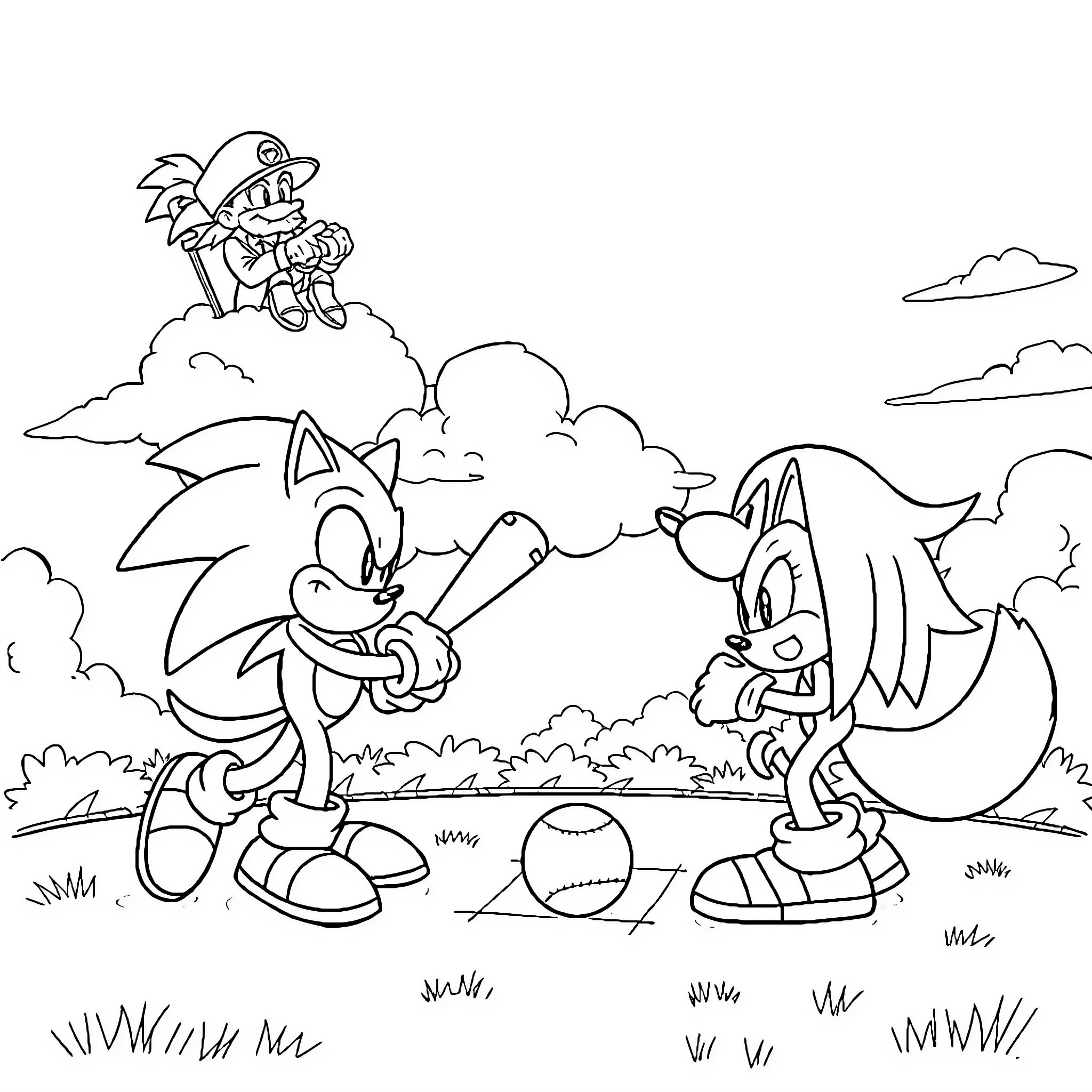 Sonic characters engaging in playful interaction Coloring Page (free black-and-white line drawing printable PDF for all, from beginners to advanced learners, including children, teens, adults, and seniors)
