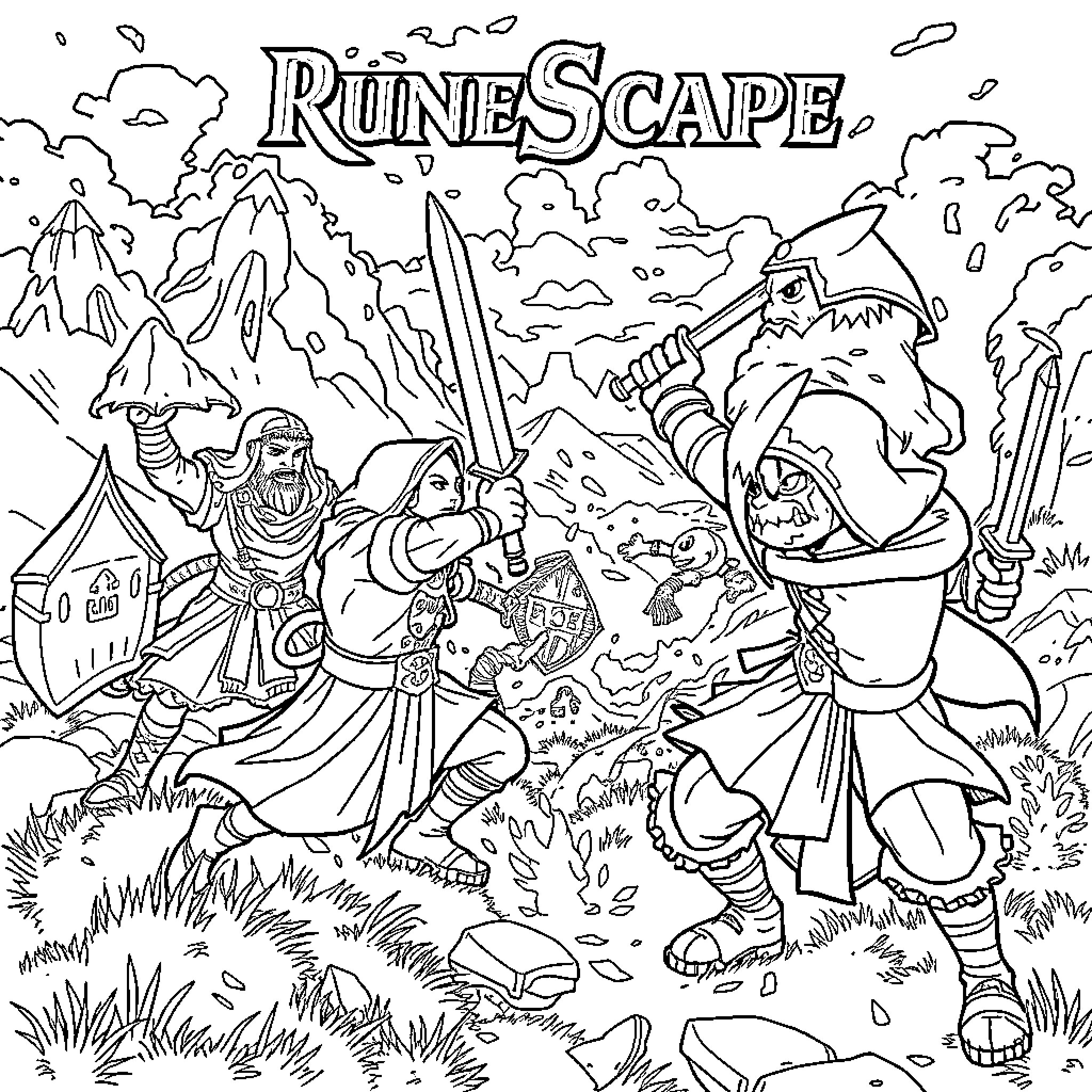 Runescape Character: Epic Battle in the Runescape World Coloring Page (free black-and-white line drawing printable PDF for all, from beginners to advanced learners, including children, teens, adults, and seniors)