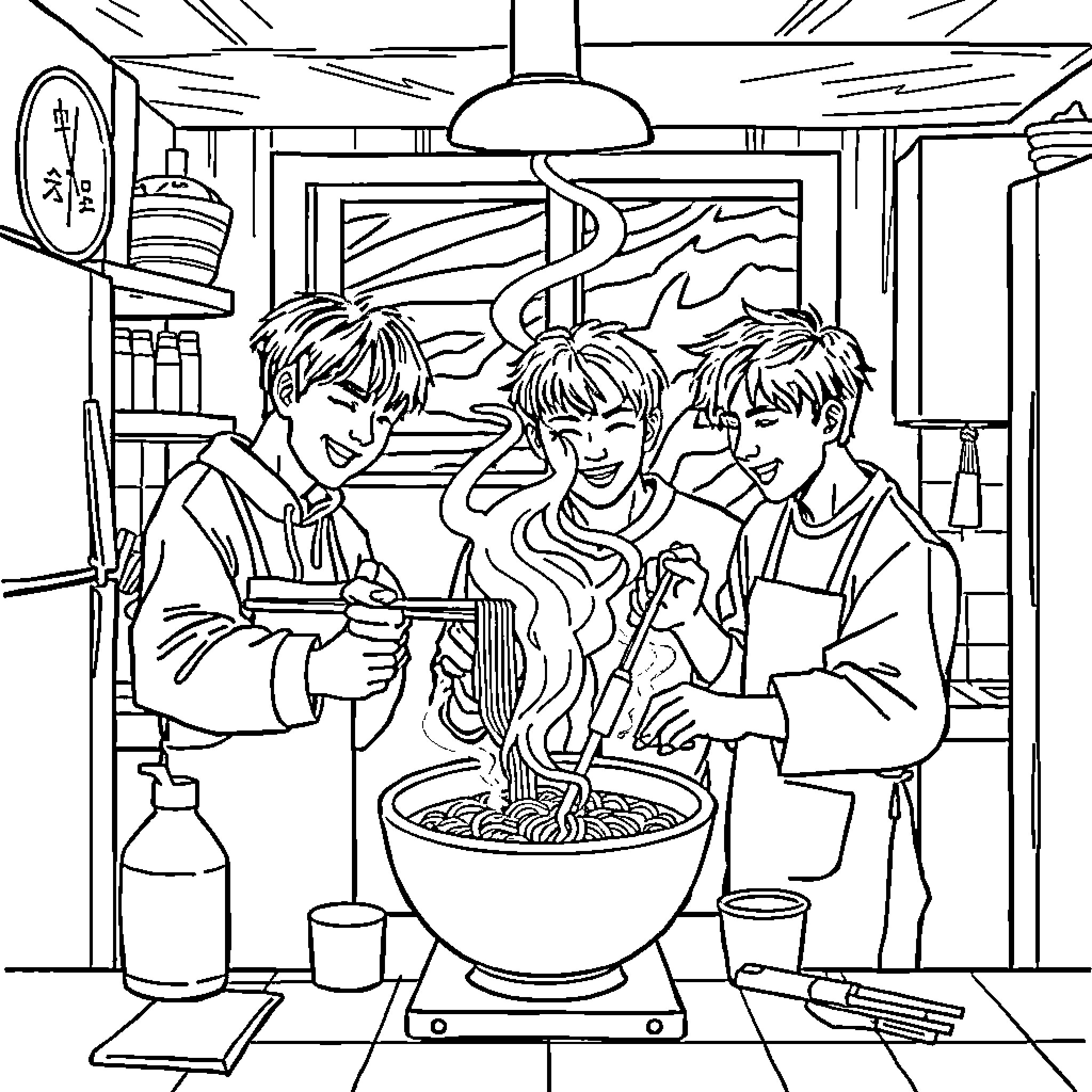 Stray Kids cooking together in a cozy kitchen Coloring Page (free black-and-white line drawing printable PDF for all, from beginners to advanced learners, including children, teens, adults, and seniors)
