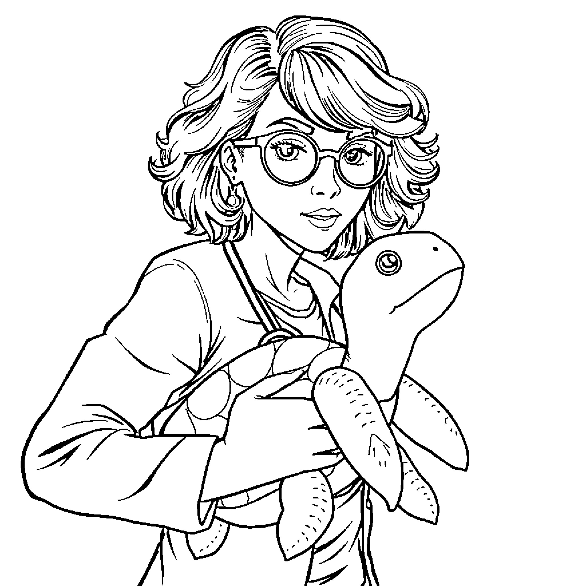 Therapist Comforts Patient with Plush Toy Coloring Page (free black-and-white line drawing printable PDF for all, from beginners to advanced learners, including children, teens, adults, and seniors)