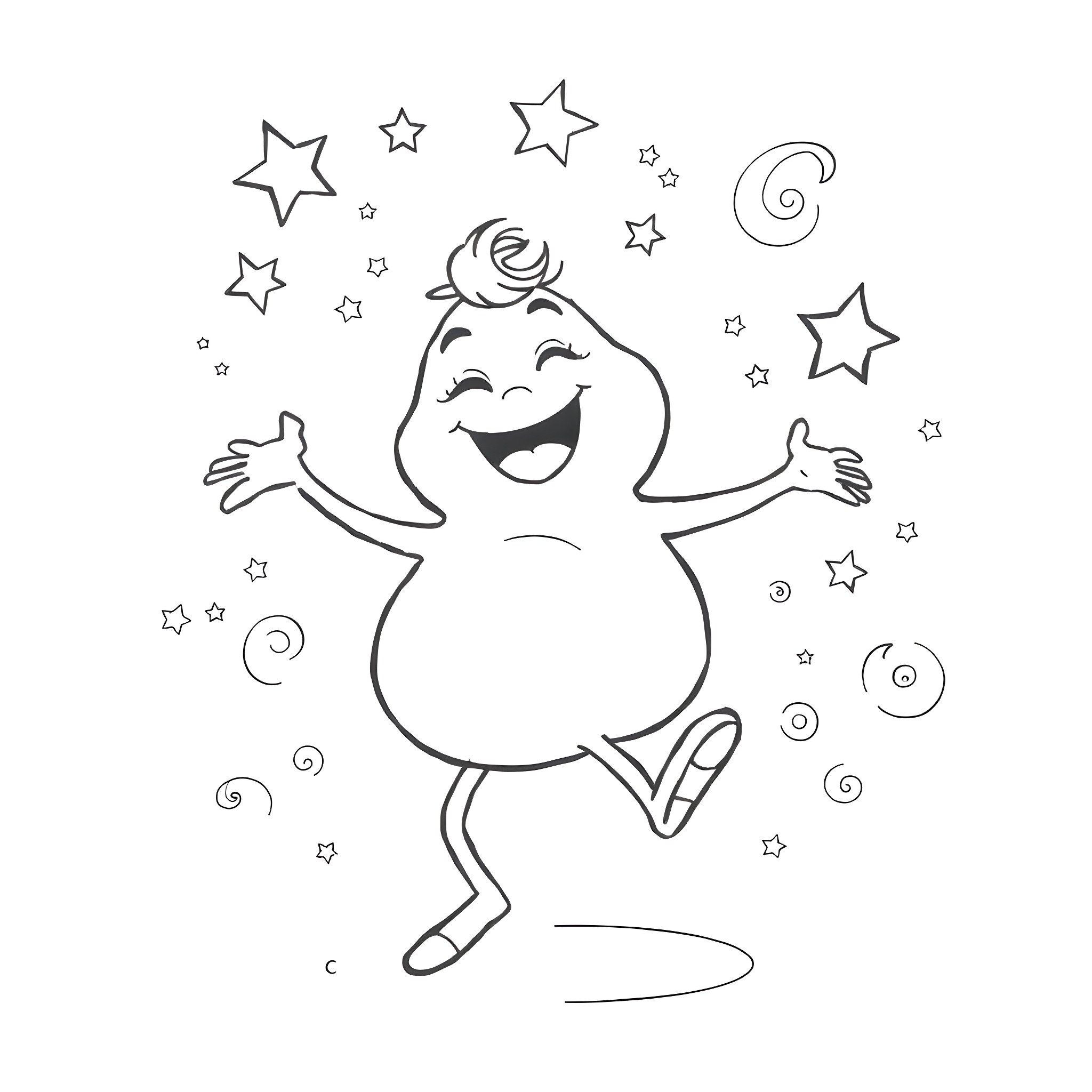 Bum dancing among the stars Coloring Page (free black-and-white line drawing printable PDF for all, from beginners to advanced learners, including children, teens, adults, and seniors)