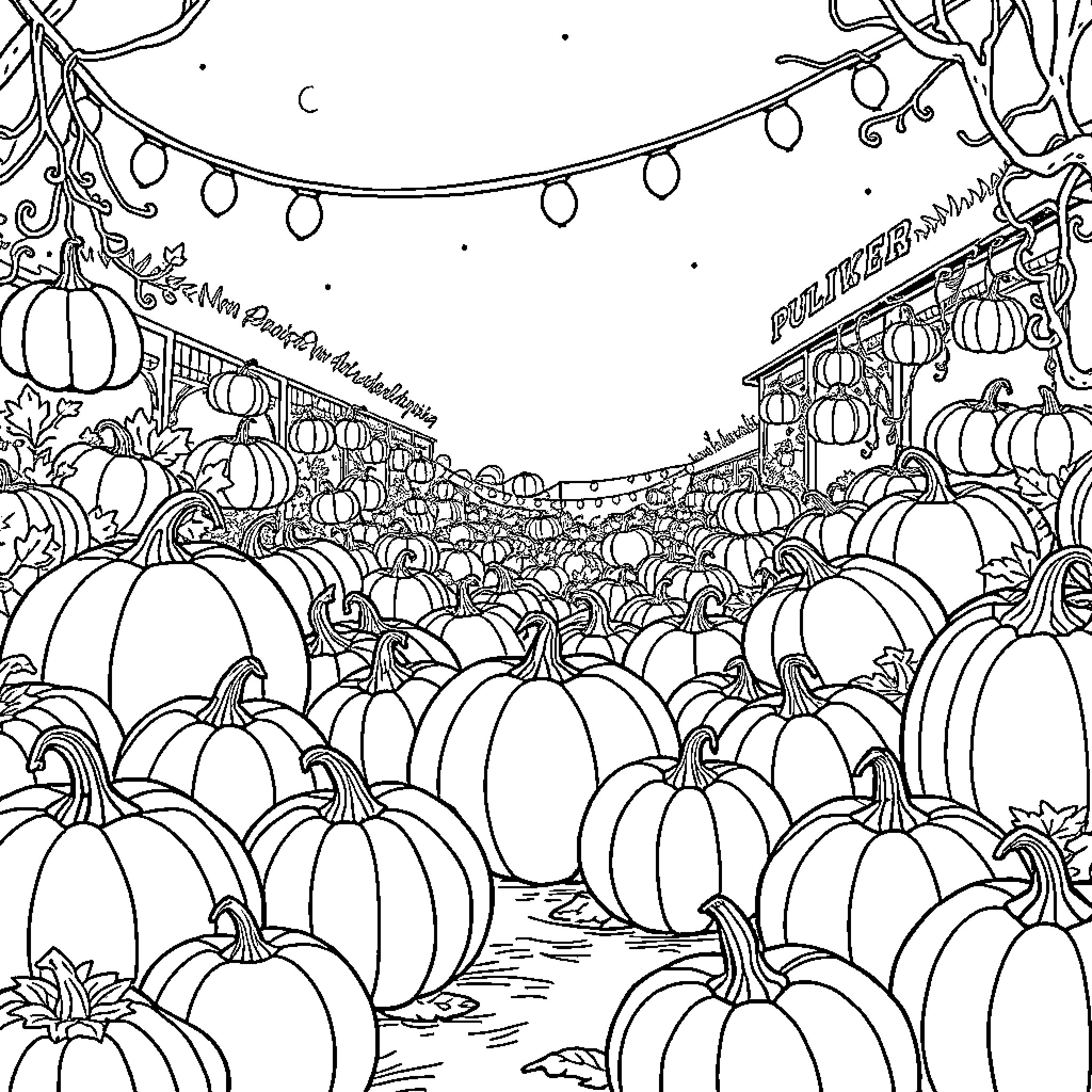 Pumpkin Patch Celebration Coloring Page (free black-and-white line drawing printable PDF for all, from beginners to advanced learners, including children, teens, adults, and seniors)