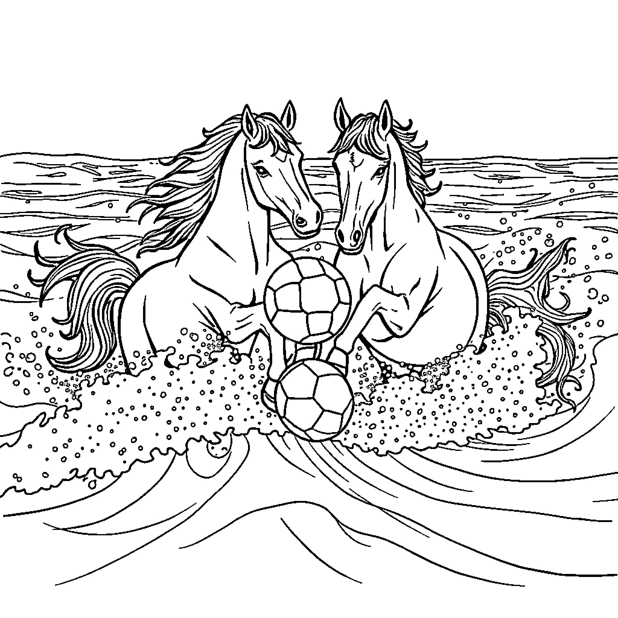 Horses playing with soccer balls in the field Coloring Page (free black-and-white line drawing printable PDF for all, from beginners to advanced learners, including children, teens, adults, and seniors)