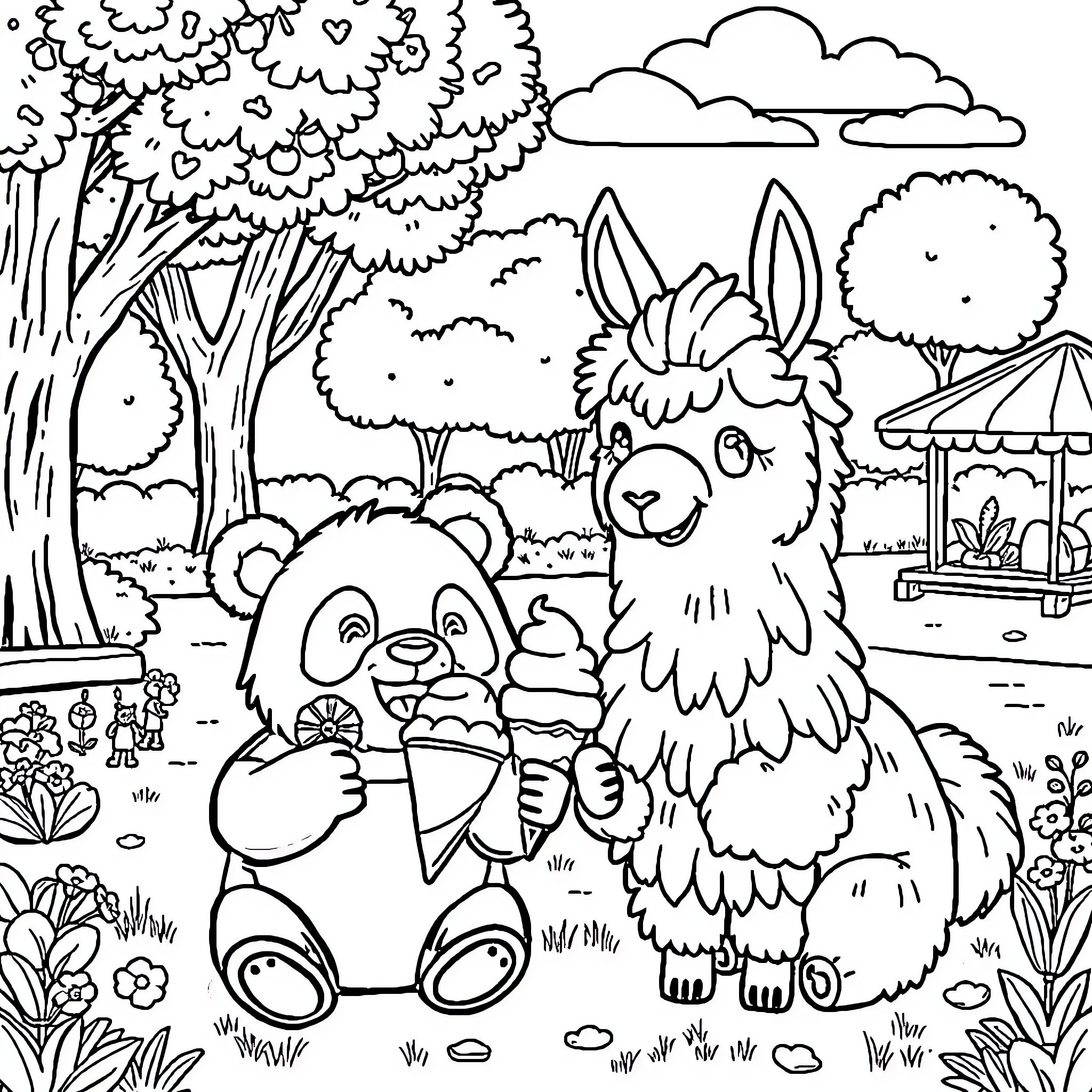 Panda and Llama enjoying ice cream in the park Coloring Page (free black-and-white line drawing printable PDF for all, from beginners to advanced learners, including children, teens, adults, and seniors)
